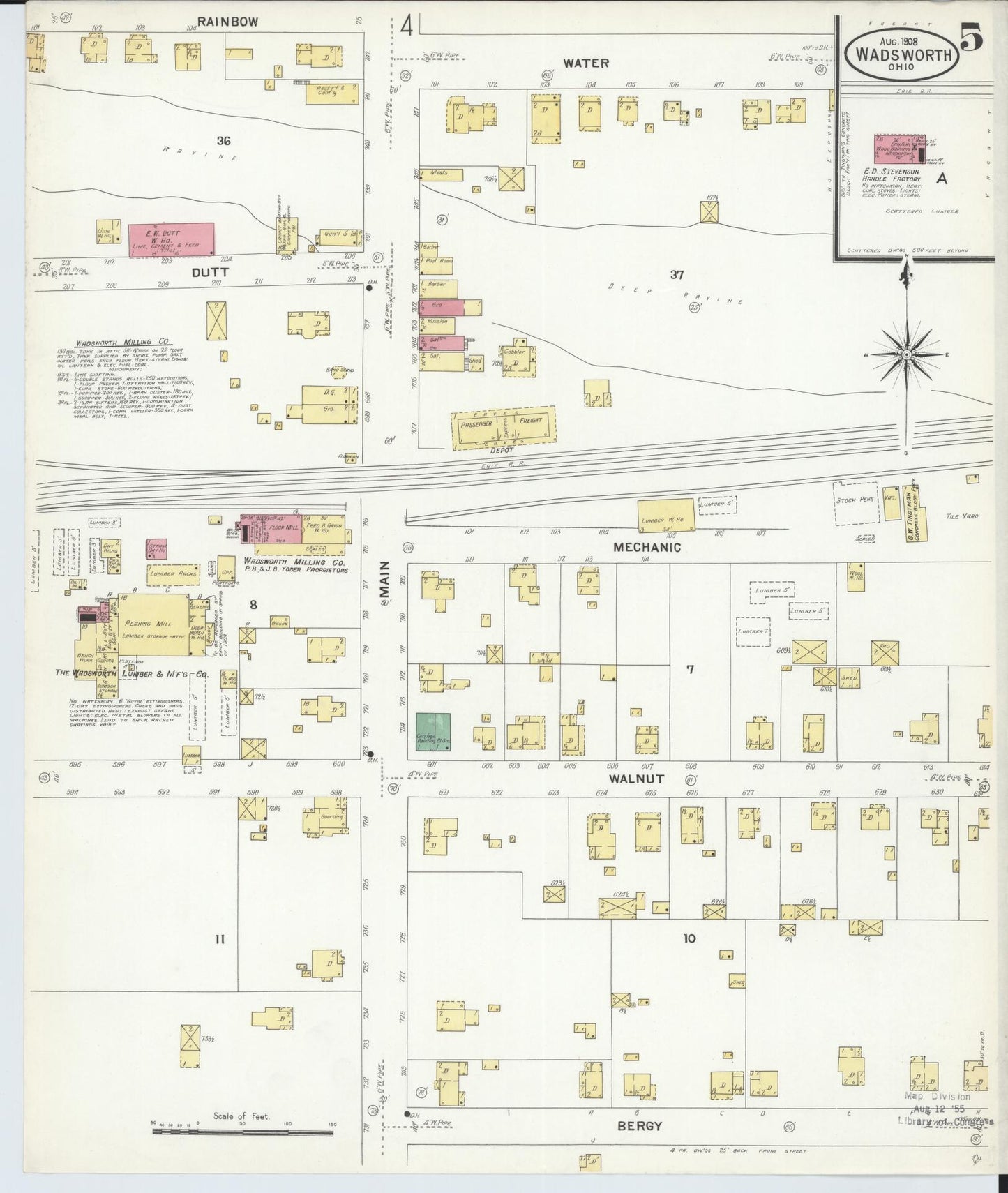 Sanborn Fire Insurance Map from Wadsworth, Medina County, Ohio (1908), Sheet #0005 - Complete Map Set gallery image, historic Sanborn map, vintage wall art, Ohio Ohio