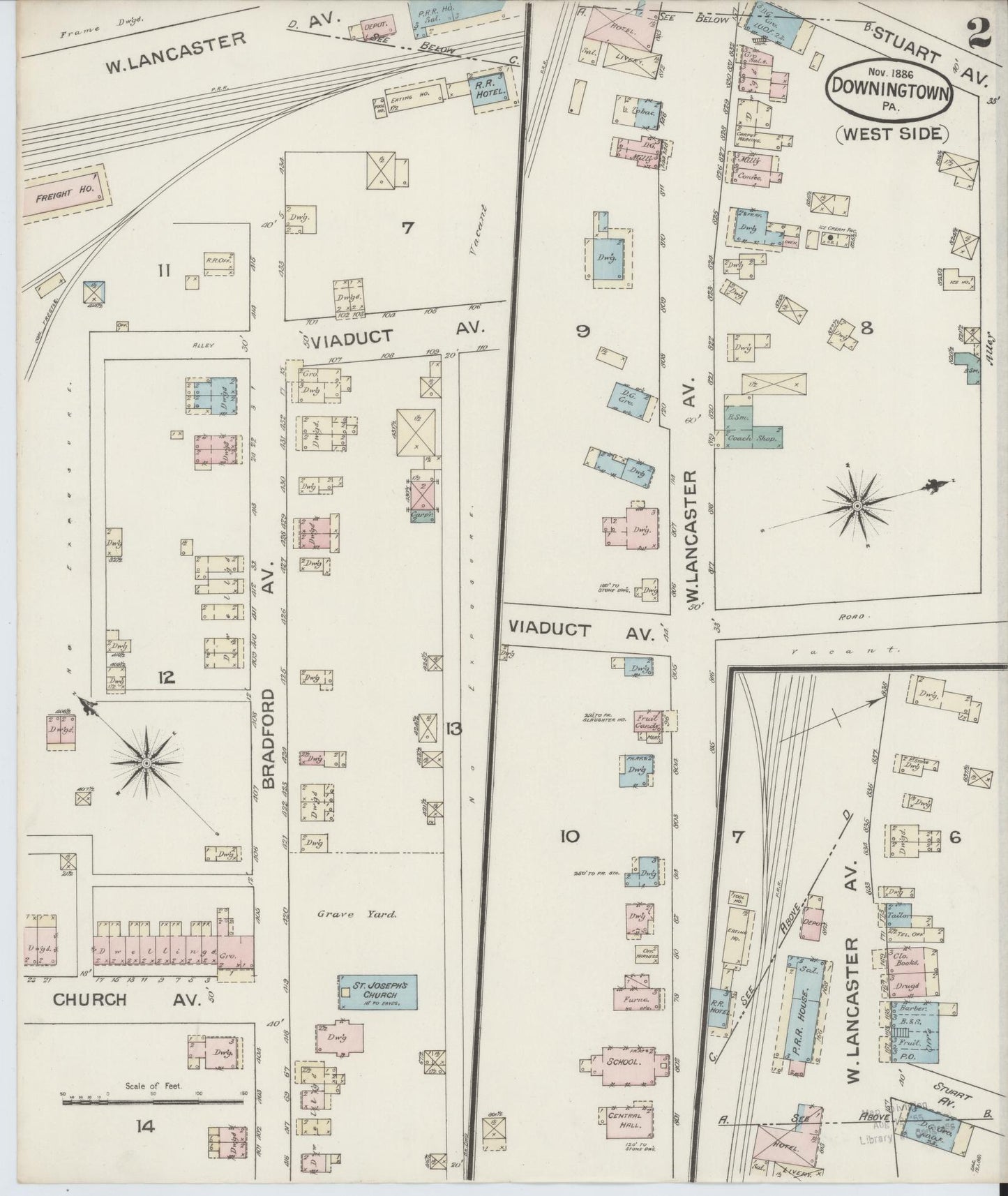 Sanborn Fire Insurance Map from Downingtown, Chester County, Pennsylvania (1886), Sheet #0002 - Historic Sanborn Fire Insurance Map Print, vintage old map wall art, antique decor, genealogy gift, Pennsylvania Pennsylvania map