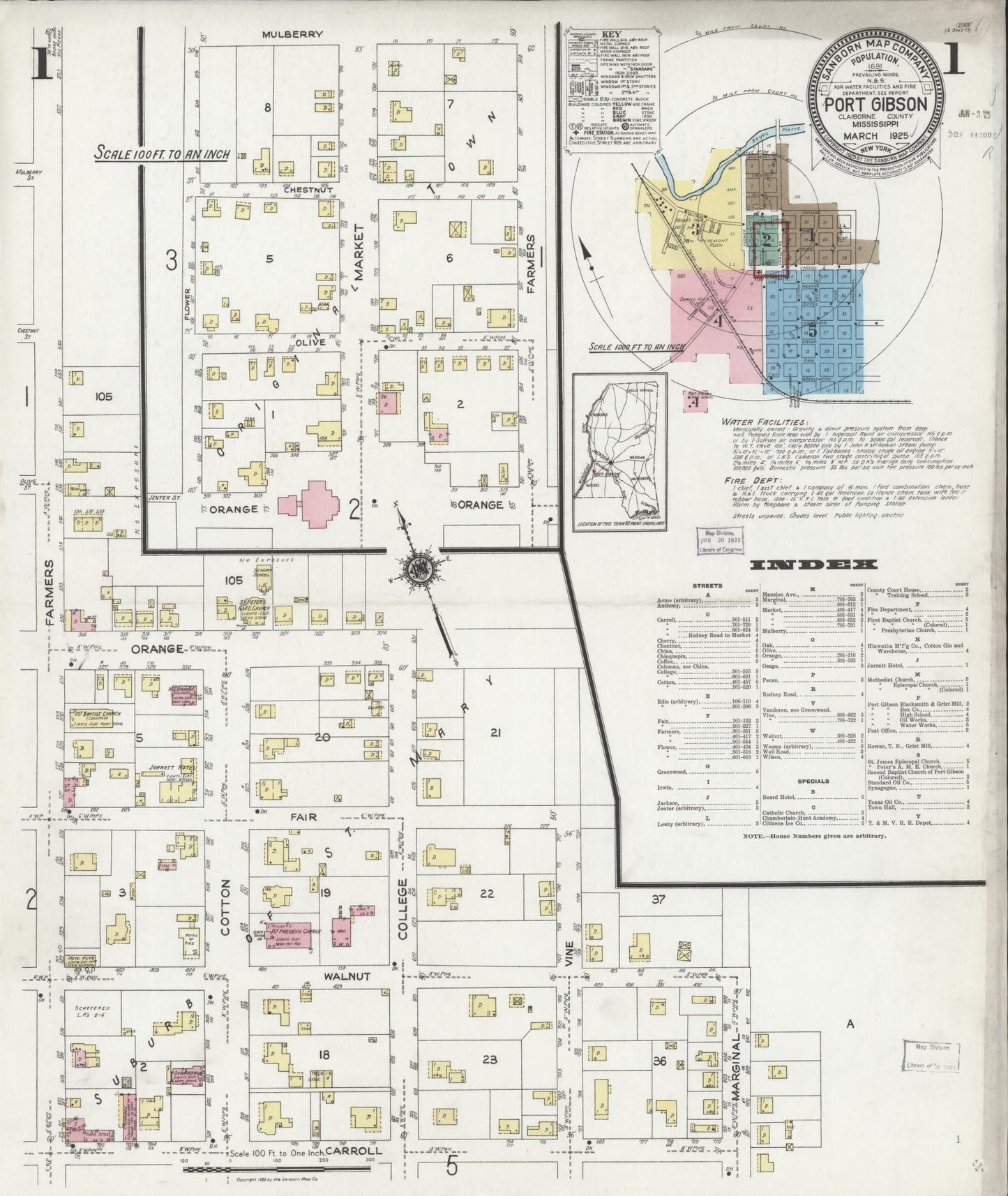 Sanborn Fire Insurance Map from Port Gibson, Claiborne County, Mississippi (1925), Sheet #0001 - Historic Sanborn Fire Insurance Map Print, vintage old map wall art, antique decor, genealogy gift, Mississippi Mississippi map