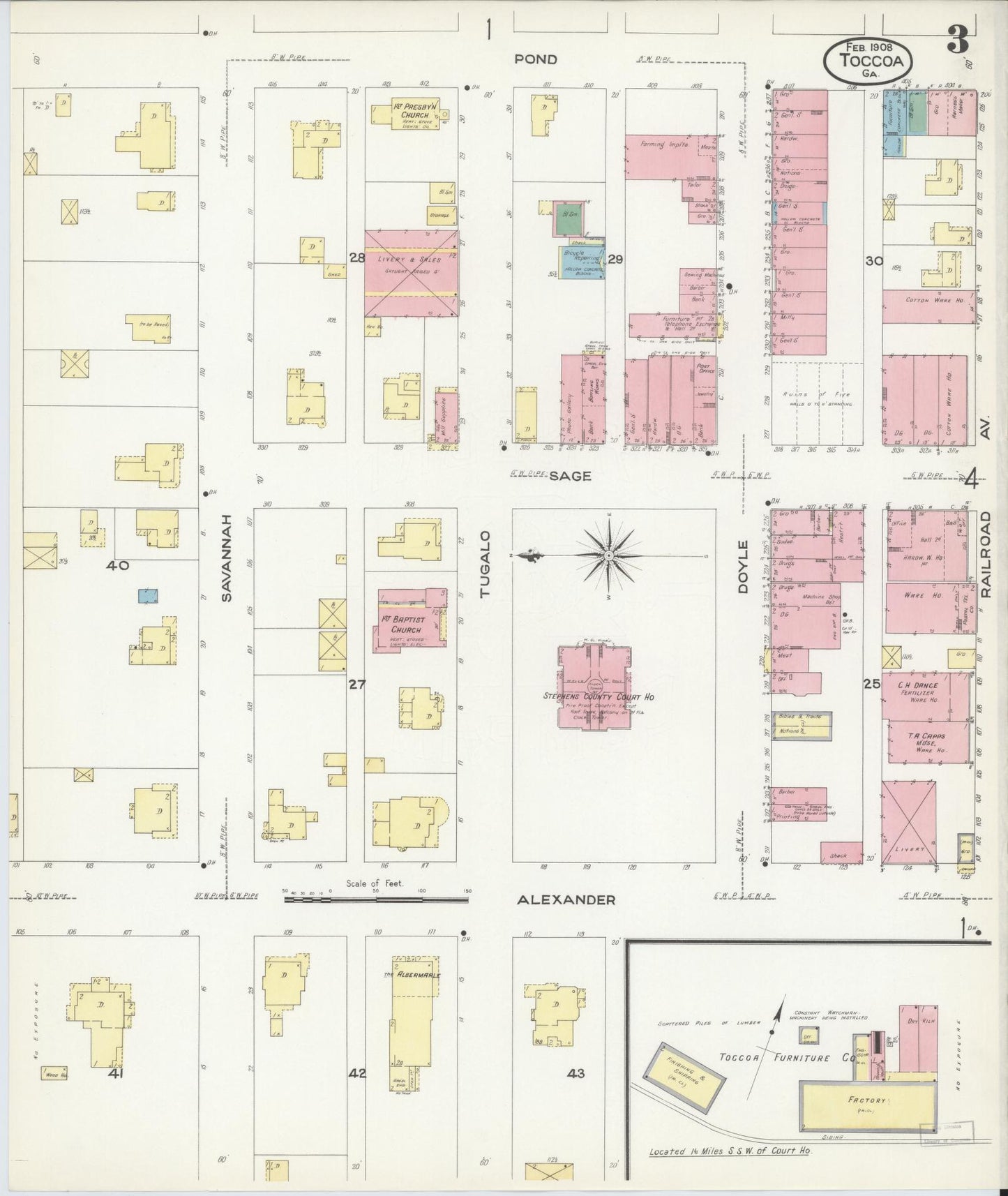 Sanborn Fire Insurance Map from Toccoa, Stephens County, Georgia (1908), Sheet #0003 - Historic Sanborn Fire Insurance Map Print, vintage old map wall art, antique decor, genealogy gift, Georgia Georgia map