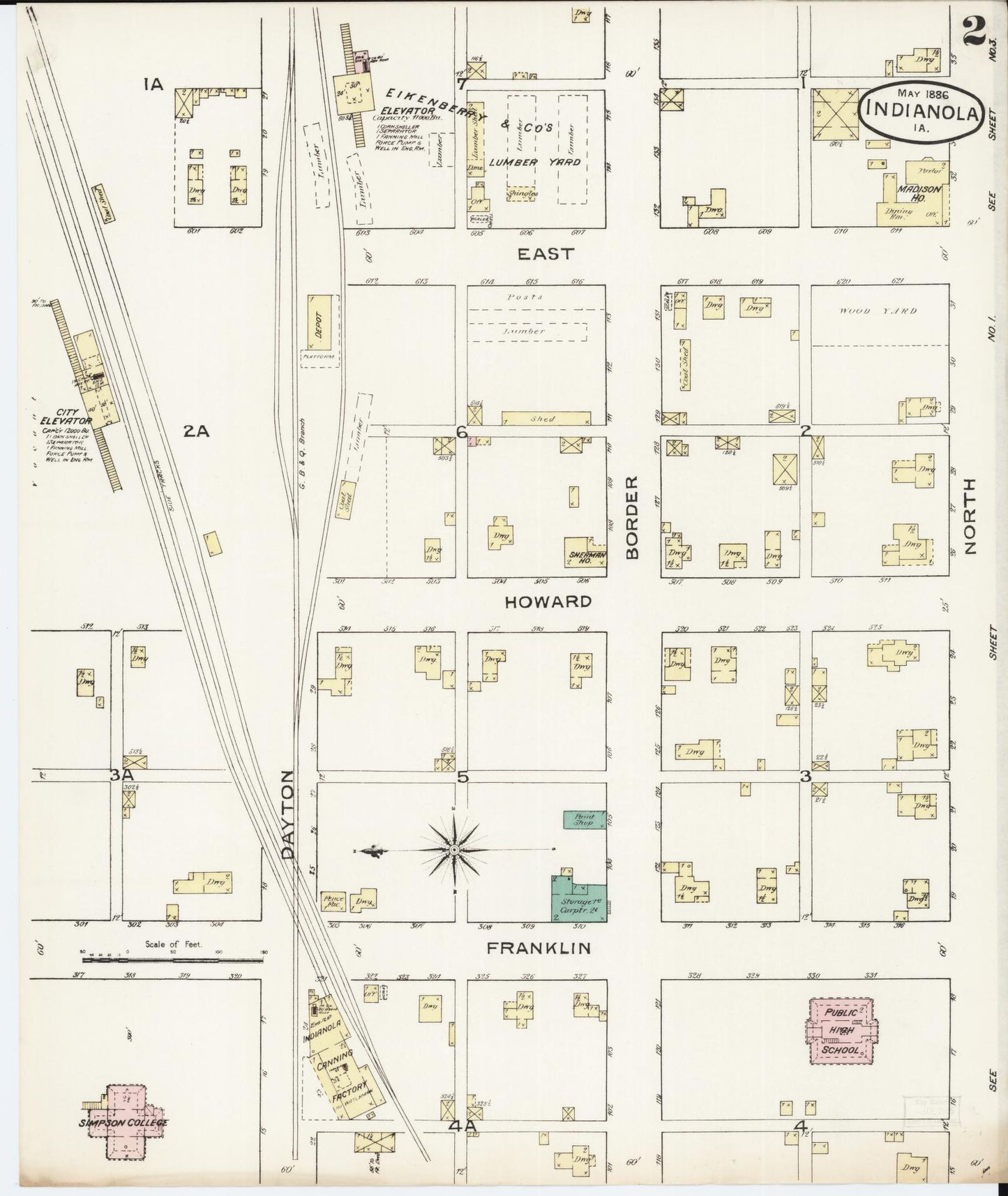 Sanborn Fire Insurance Map from Indianola, Warren County, Iowa (1886), Sheet #0002 - Historic Sanborn Fire Insurance Map Print, vintage old map wall art