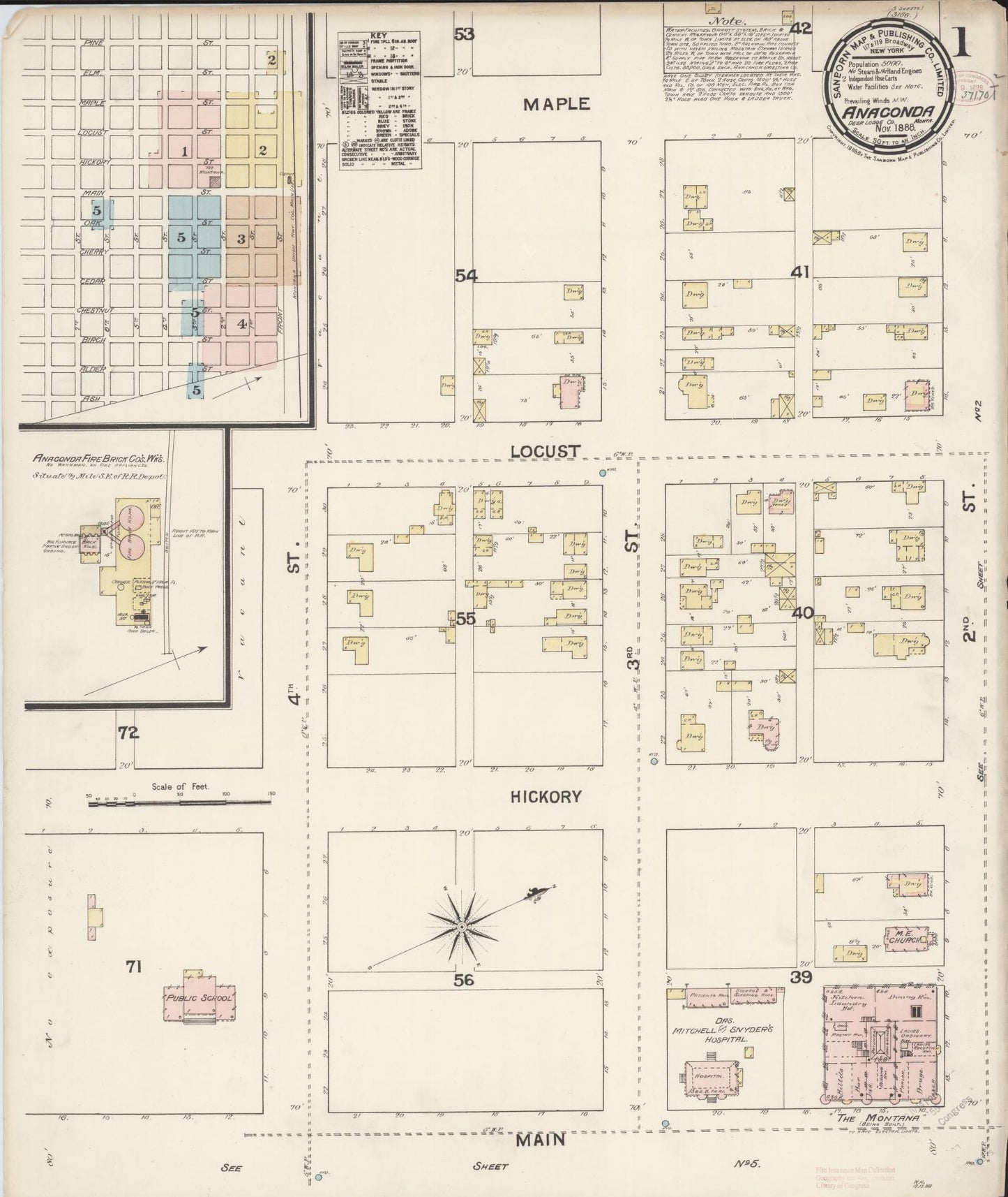 Sanborn Fire Insurance Map from Anaconda, Deer Lodge County, Montana (1888), Sheet #0001 - Historic Sanborn Fire Insurance Map Print, vintage old map wall art, antique decor, genealogy gift, Montana Montana map