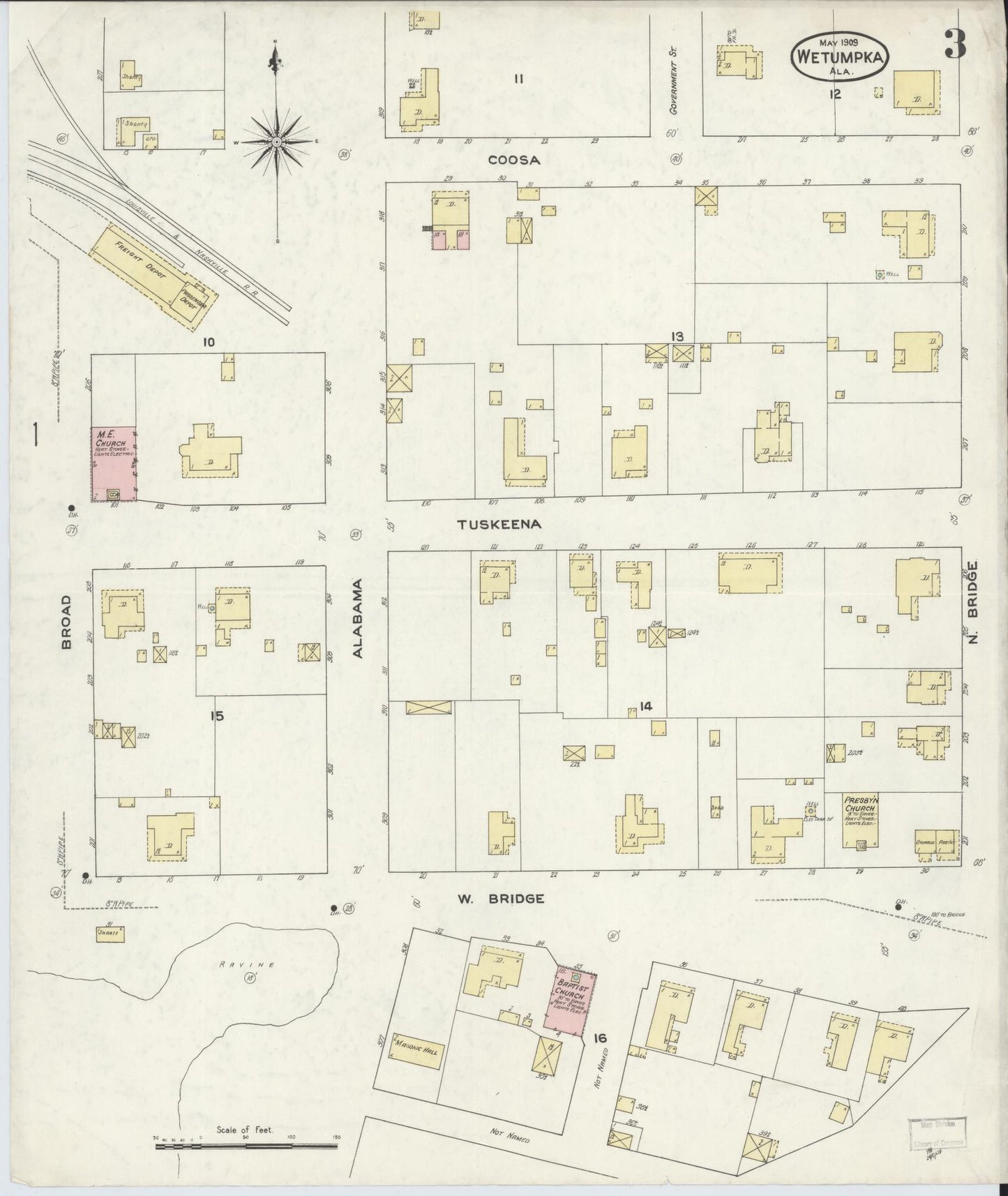 Sanborn Fire Insurance Map from Wetumpka, Elmore County, Alabama (1909), Sheet #0003 - Complete Map Set gallery image, historic Sanborn map, vintage wall art, Alabama Alabama