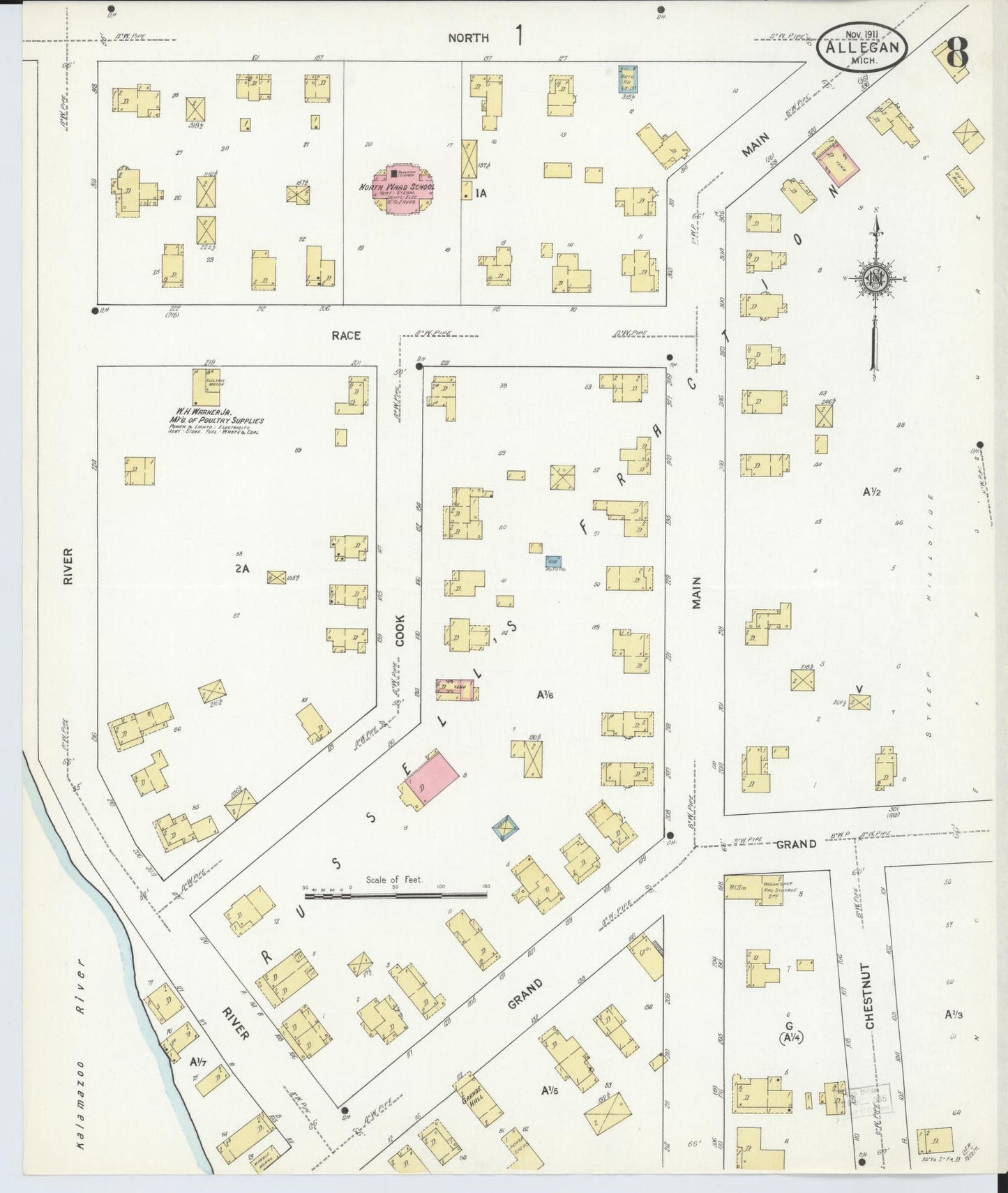 Sanborn Fire Insurance Map from Allegan, Allegan County, Michigan (1911), Sheet #0008 - Historic Sanborn Fire Insurance Map Print, vintage old map wall art, antique decor, genealogy gift, Michigan Michigan map