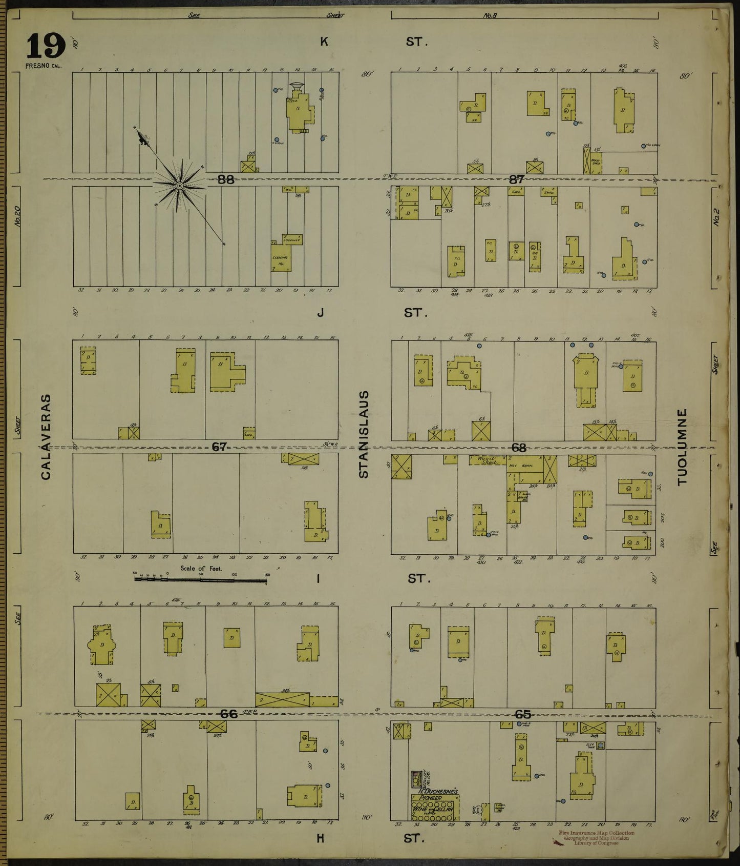 Sanborn Fire Insurance Map from Fresno, Fresno County, California (1888), Sheet #0019 - Historic Sanborn Fire Insurance Map Print, vintage old map wall art, antique decor, genealogy gift, California California map