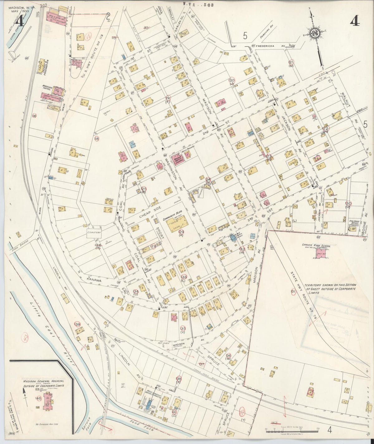 Sanborn Fire Insurance Map from Madison, Boone County, West Virginia (1943), Sheet #0004 - Historic Sanborn Fire Insurance Map Print, vintage old map wall art, antique decor, genealogy gift, West Virginia West Virginia map