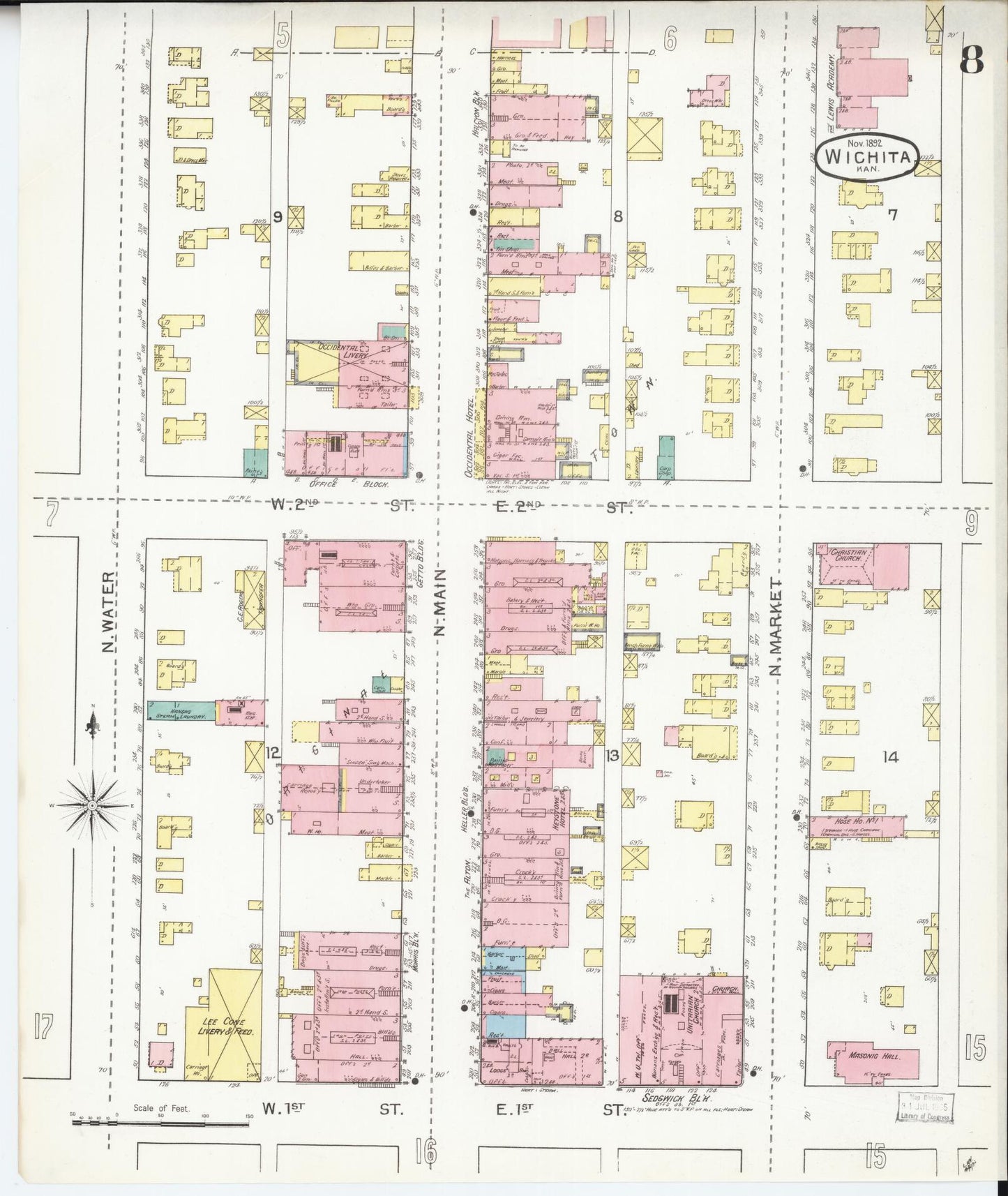 Sanborn Fire Insurance Map from Wichita, Sedgwick County, Kansas (1892), Sheet #0008 - Historic Sanborn Fire Insurance Map Print, vintage old map wall art, antique decor, genealogy gift, Kansas Kansas map