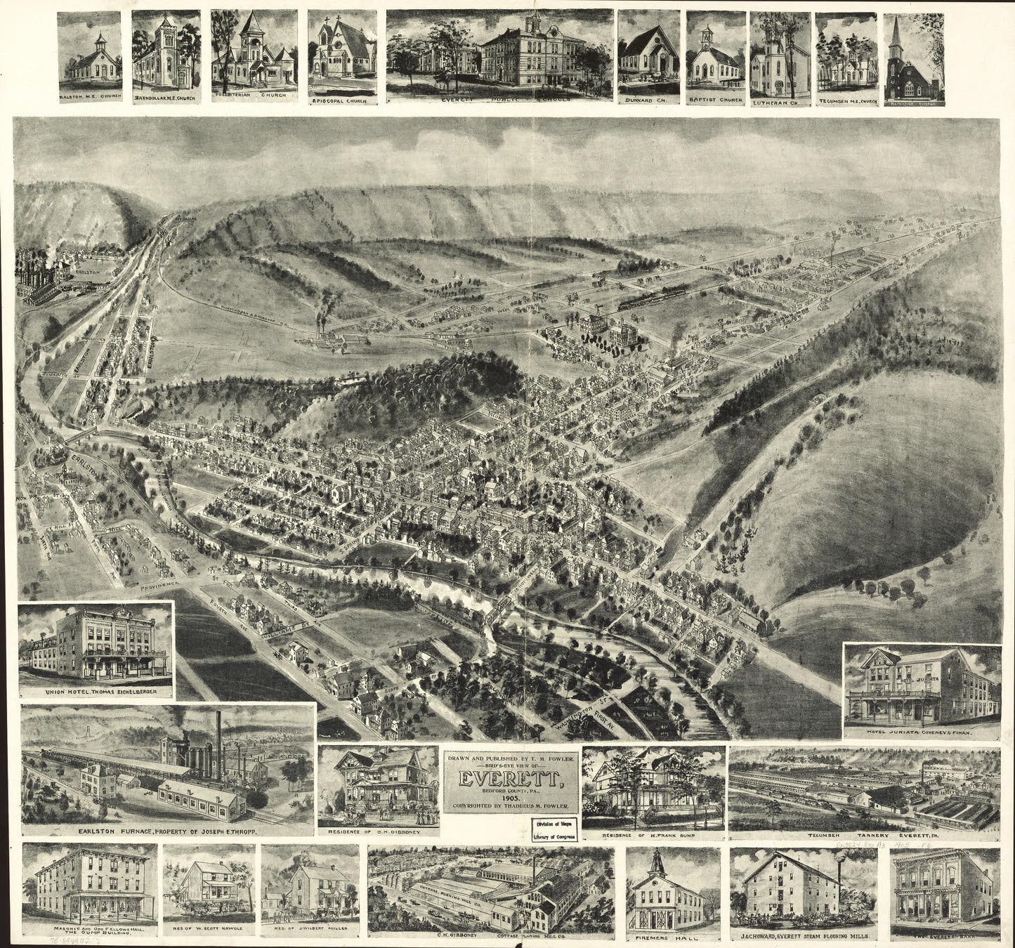 Bird's-eye view of Everett, Bedford County, Pa., 1905. (1905) – Historic Bird’s-Eye View Panorama Print