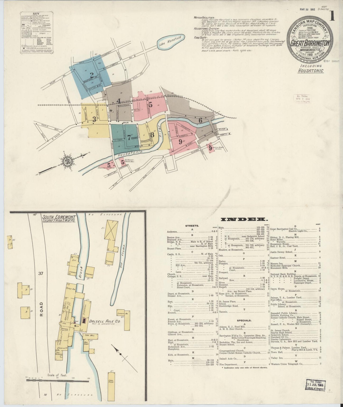 Sanborn Fire Insurance Map from Great Barrington, Berkshire County, Massachusetts (1912), Sheet #0001 - Historic Sanborn Fire Insurance Map Print, vintage old map wall art, antique decor, genealogy gift, Massachusetts Massachusetts map