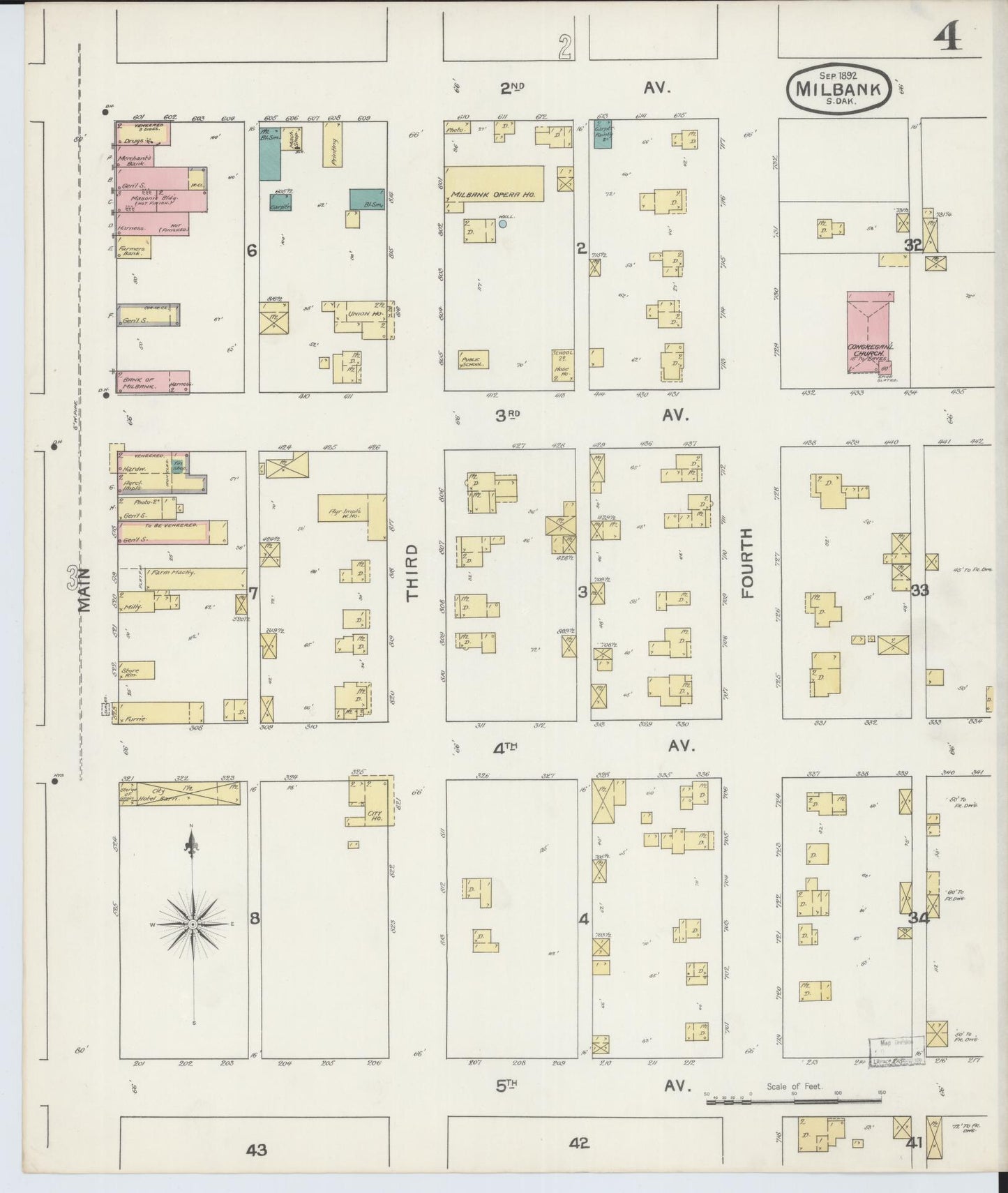 Sanborn Fire Insurance Map from Milbank, Grant County, South Dakota (1892), Sheet #0004 - Historic Sanborn Fire Insurance Map Print, vintage old map wall art, antique decor, genealogy gift, South Dakota South Dakota map