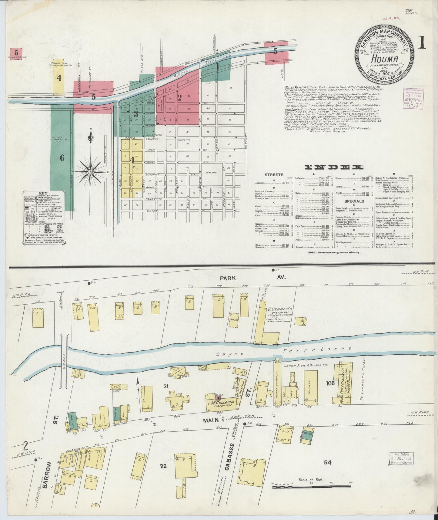 Sanborn Fire Insurance Map from Houma, Terrebonne Parish, Louisiana (1907), Sheet #0001 - Historic Sanborn Fire Insurance Map Print, vintage old map wall art, antique decor, genealogy gift, Louisiana Louisiana map
