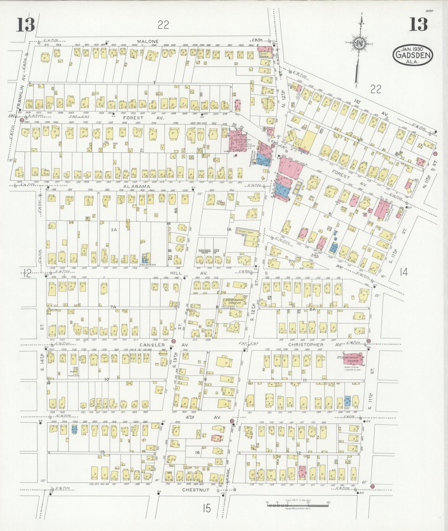 Sanborn Fire Insurance Map from Gadsden, Etowah County, Alabama (1930), Sheet #0013 - Historic Sanborn Fire Insurance Map Print, vintage old map wall art, antique decor, genealogy gift, Alabama Alabama map