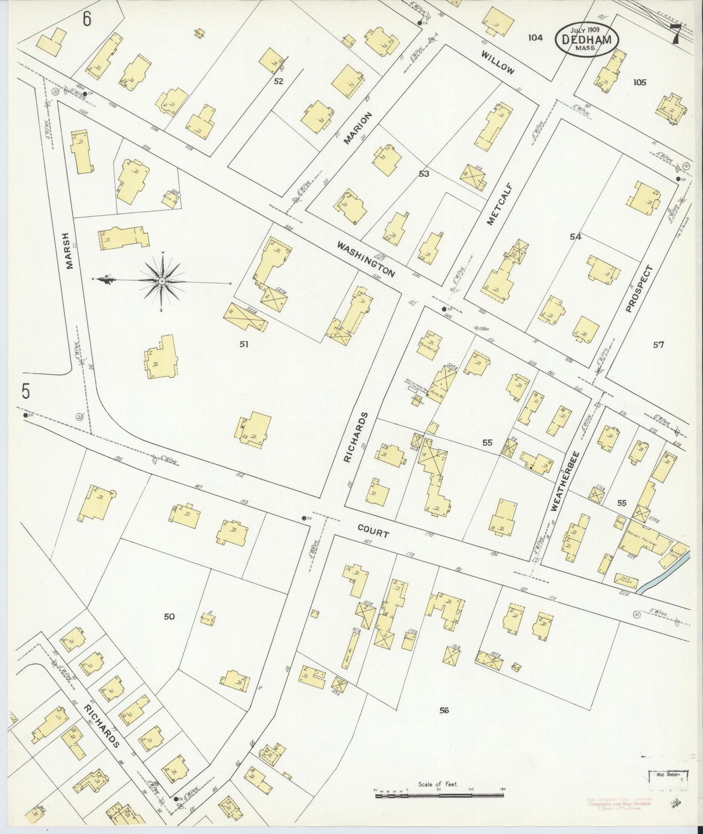 Sanborn Fire Insurance Map from Dedham, Norfolk County, Massachusetts (1909), Sheet #0007 - Historic Sanborn Fire Insurance Map Print, vintage old map wall art, antique decor, genealogy gift, Massachusetts Massachusetts map