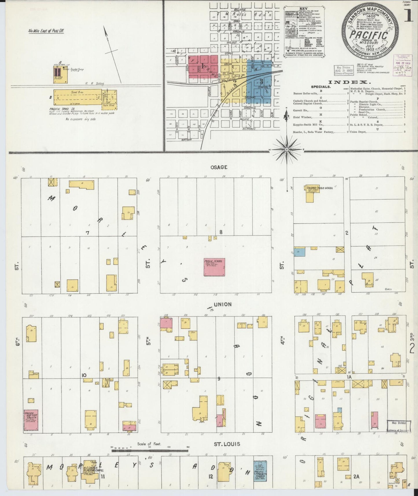 Sanborn Fire Insurance Map from Pacific, Franklin County, Missouri (1903), Sheet #0001 - Historic Sanborn Fire Insurance Map Print, vintage old map wall art, antique decor, genealogy gift, Missouri Missouri map