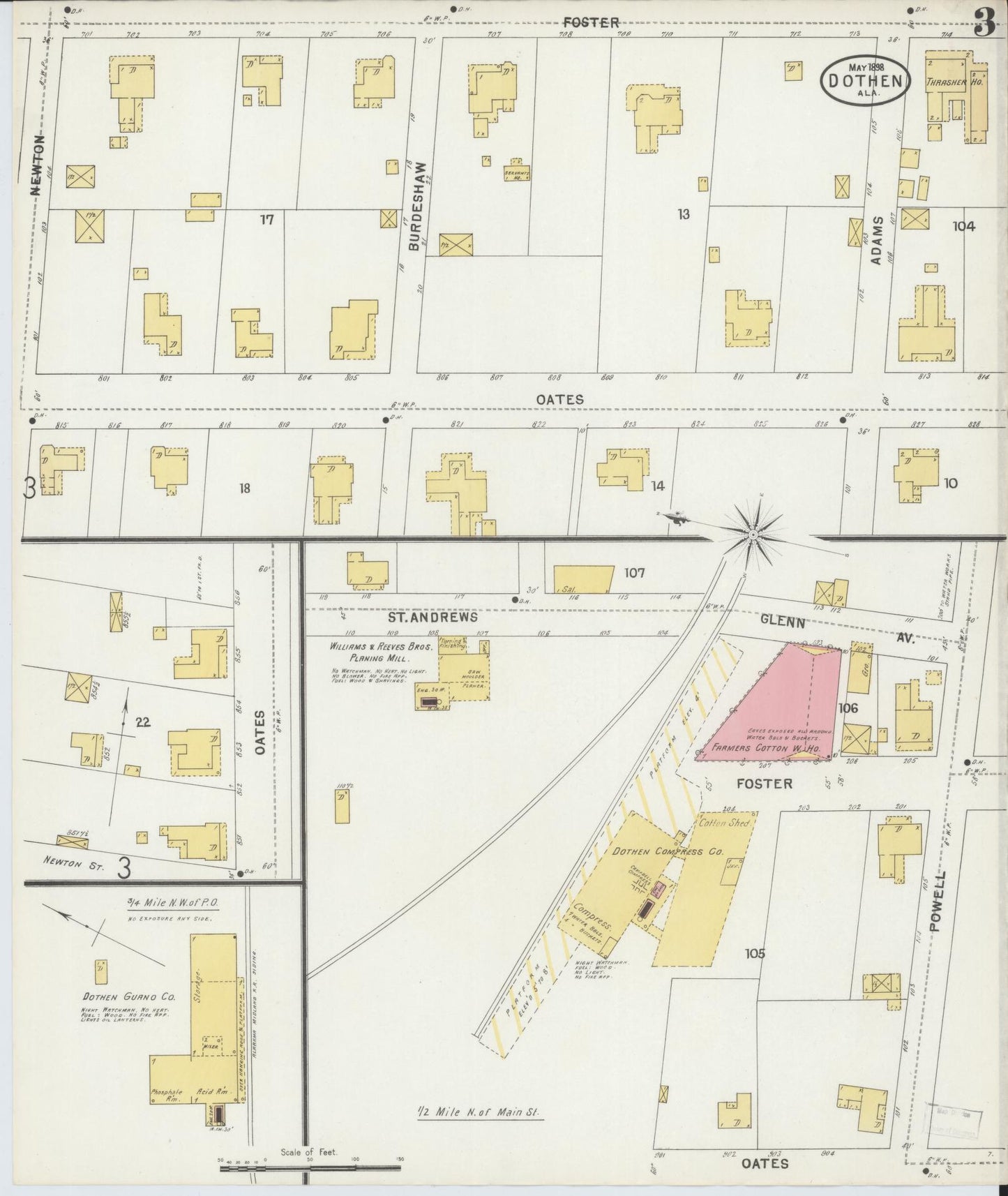 Sanborn Fire Insurance Map from Dothan, Houston County, Alabama (1898), Sheet #0003 - Historic Sanborn Fire Insurance Map Print, vintage old map wall art, antique decor, genealogy gift, Alabama Alabama map