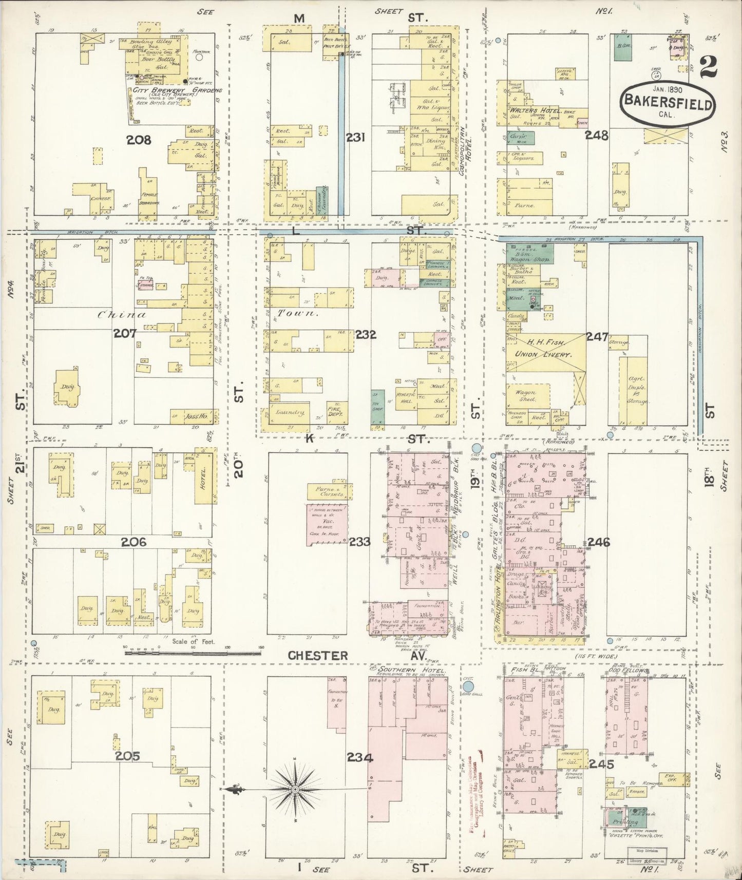 Sanborn Fire Insurance Map from Bakersfield, Kern County, California (1890), Sheet #0002 - Historic Sanborn Fire Insurance Map Print, vintage old map wall art, antique decor, genealogy gift, California California map