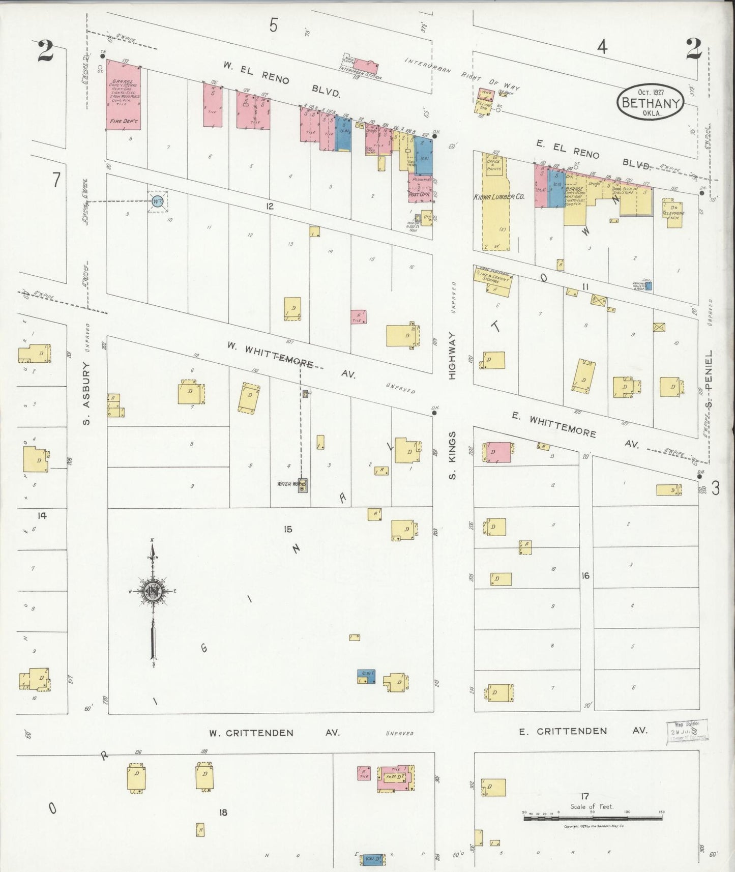 Sanborn Fire Insurance Map from Bethany, Oklahoma County, Oklahoma (1927), Sheet #0002 - Historic Sanborn Fire Insurance Map Print, vintage old map wall art, antique decor, genealogy gift, Bethany Oklahoma map