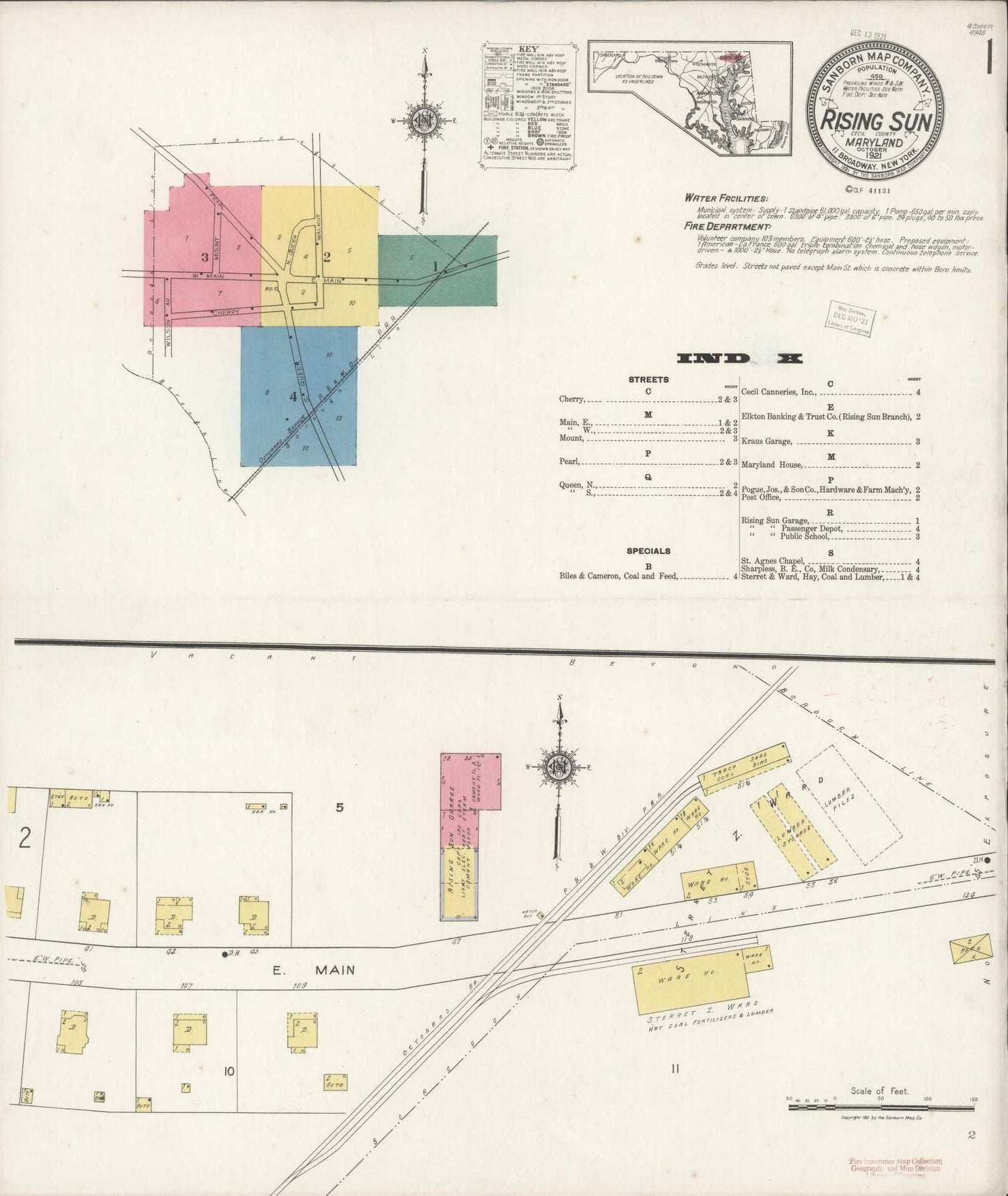 Sanborn Fire Insurance Map from Rising Sun, Cecil County, Maryland (1921), Sheet #0001 - Historic Sanborn Fire Insurance Map Print, vintage old map wall art, antique decor, genealogy gift, Maryland Maryland map