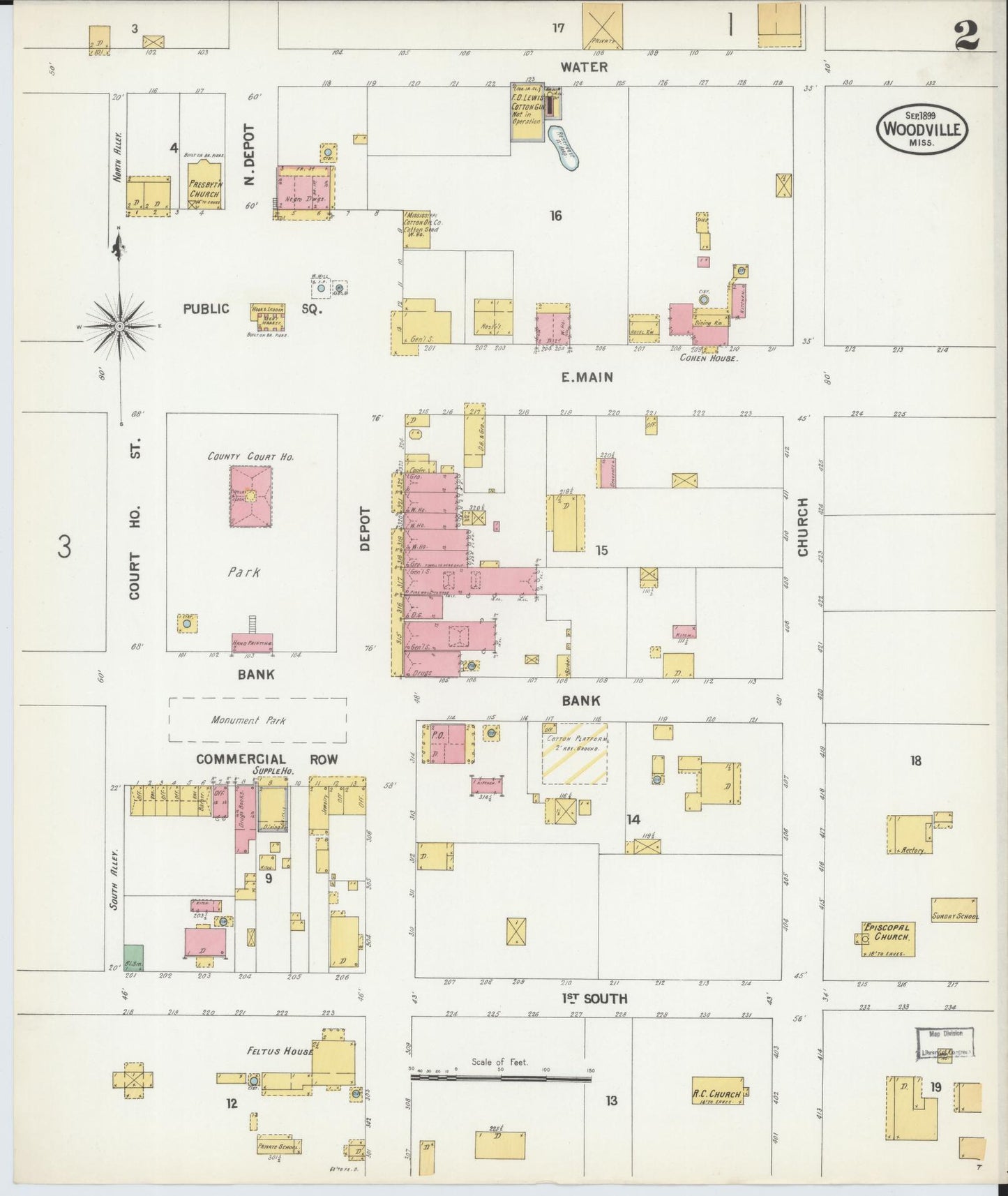 Sanborn Fire Insurance Map from Woodville, Wilkinson County, Mississippi (1899), Sheet #0002 - Historic Sanborn Fire Insurance Map Print, vintage old map wall art, antique decor, genealogy gift, Mississippi Mississippi map