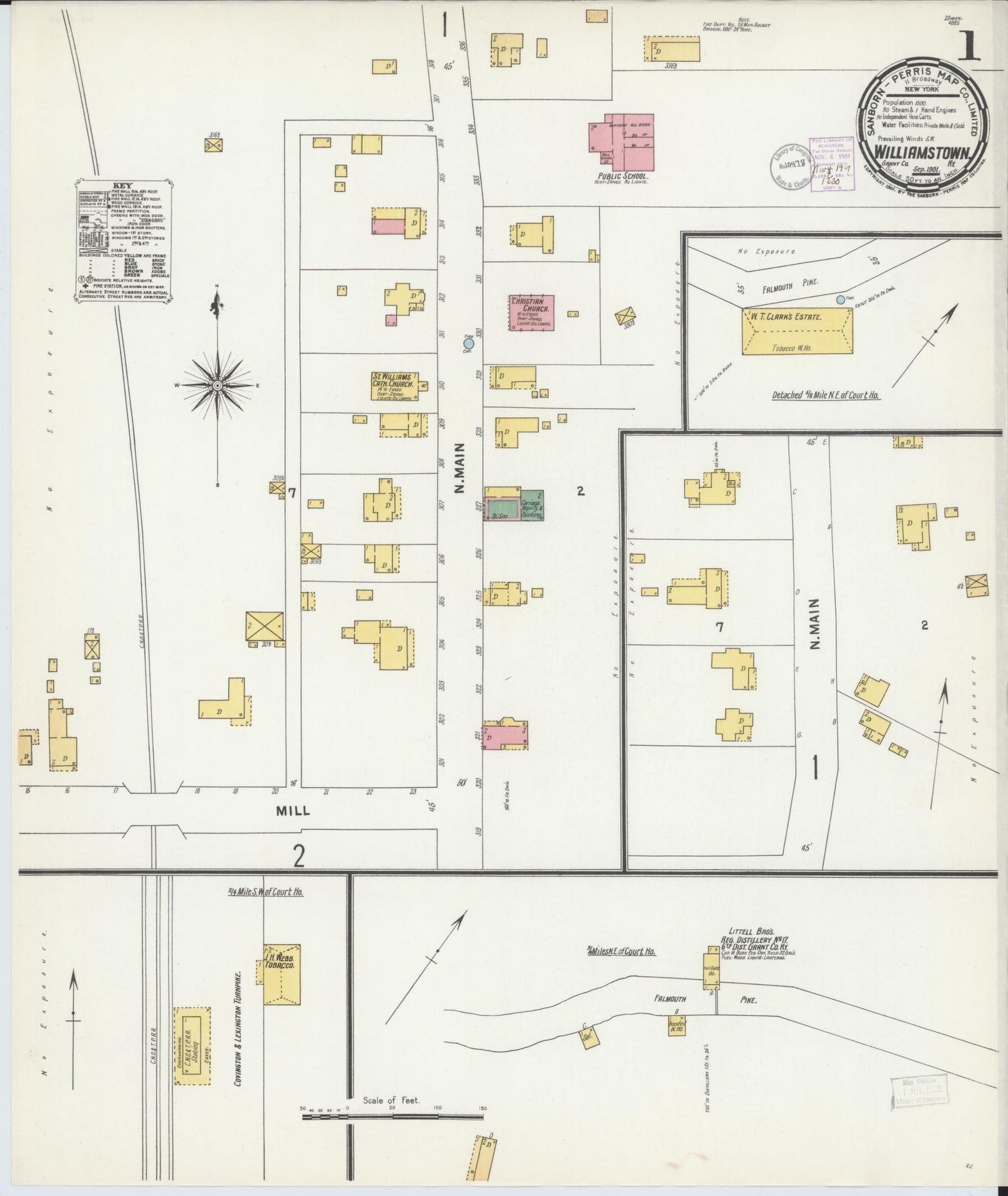 Sanborn Fire Insurance Map from Williamstown, Grant County, Kentucky (1901), Sheet #0001 - Historic Sanborn Fire Insurance Map Print, vintage old map wall art, antique decor, genealogy gift, Kentucky Kentucky map