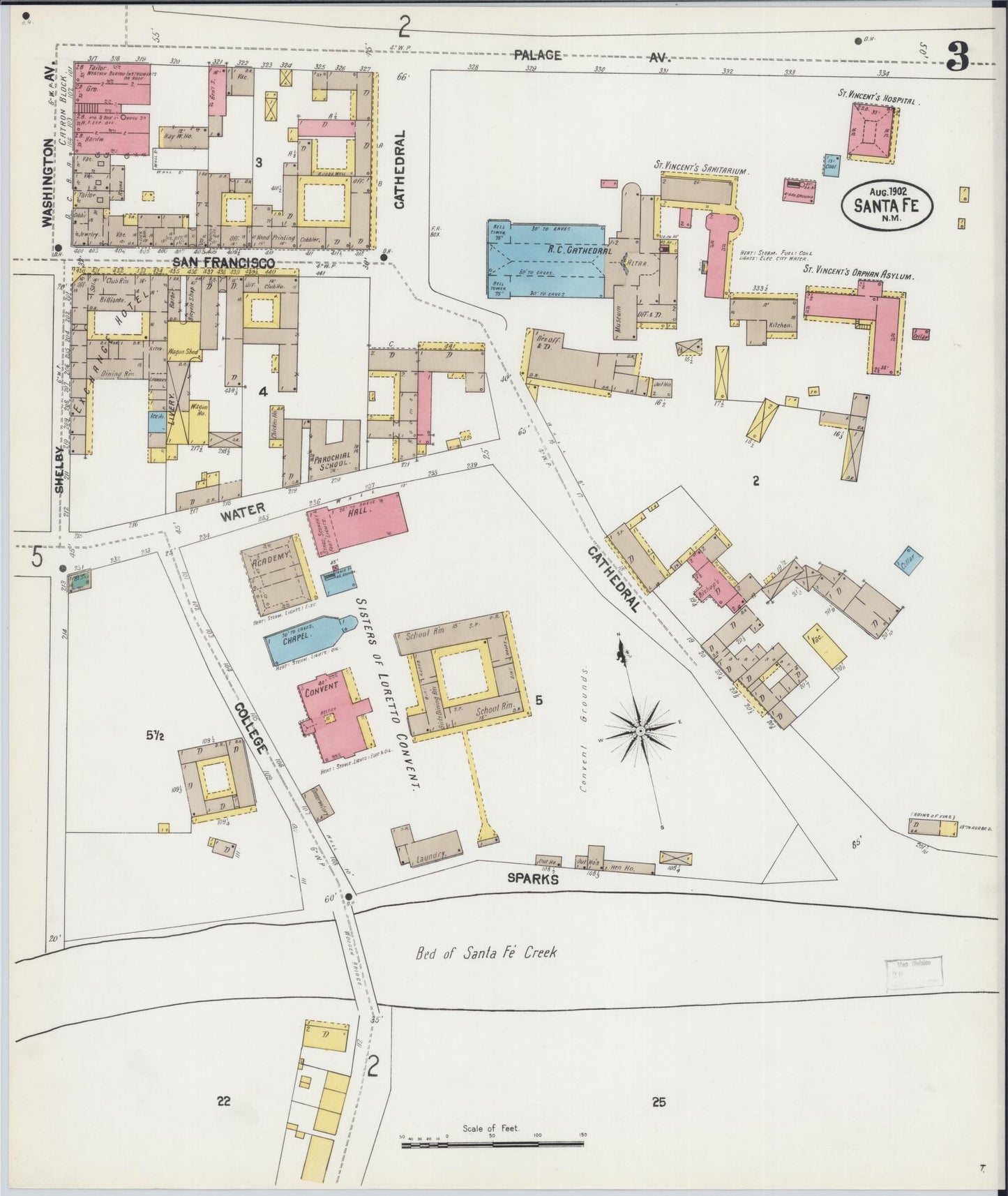 Sanborn Fire Insurance Map from Santa Fe, Santa Fe County, New Mexico (1902), Sheet #0003 - Historic Sanborn Fire Insurance Map Print, vintage old map wall art, antique decor, genealogy gift, New Mexico New Mexico map