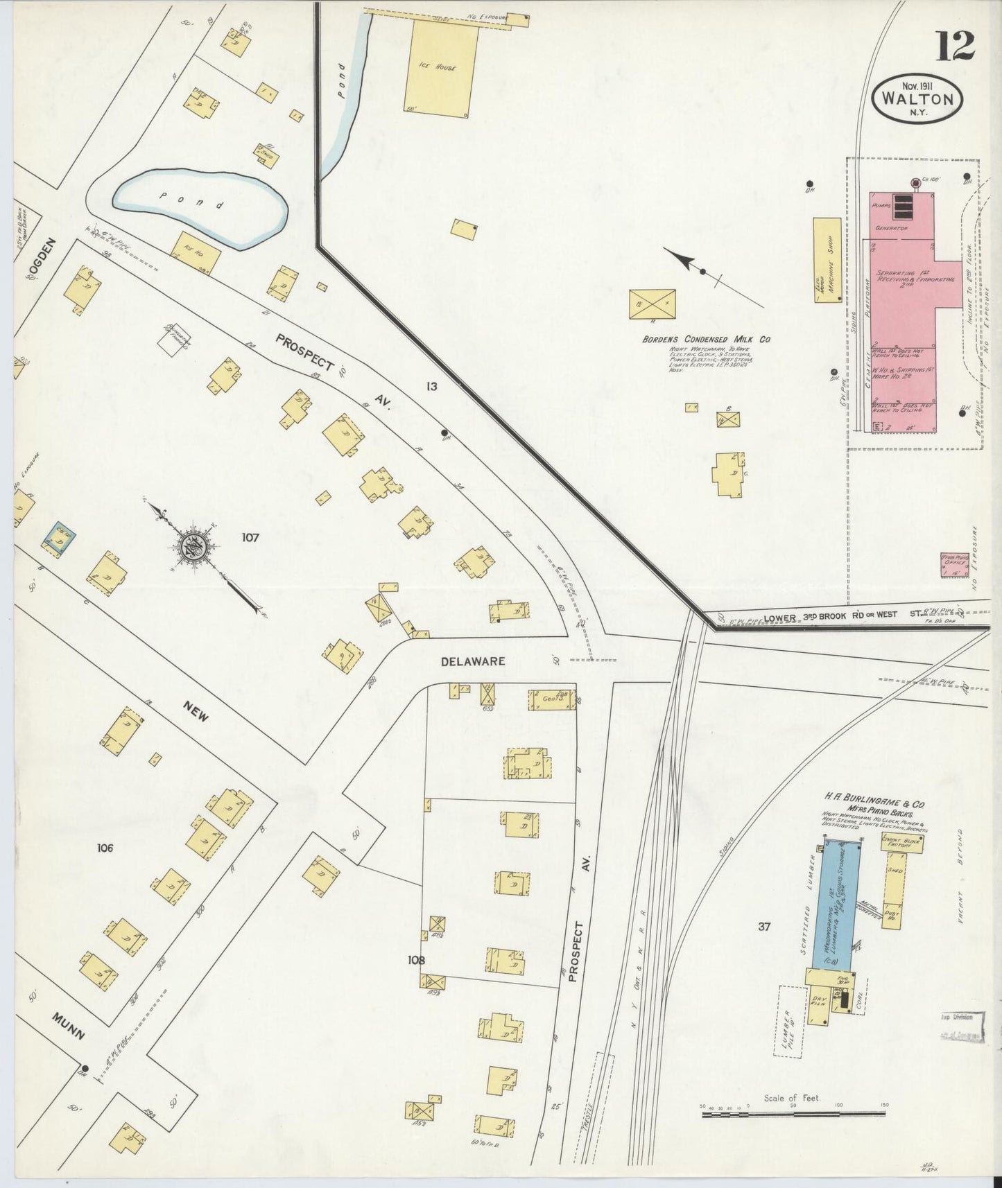 Sanborn Fire Insurance Map from Walton, Delaware County, New York (1911), Sheet #0012 - Historic Sanborn Fire Insurance Map Print, vintage old map wall art, antique decor, genealogy gift, Walton Delaware map