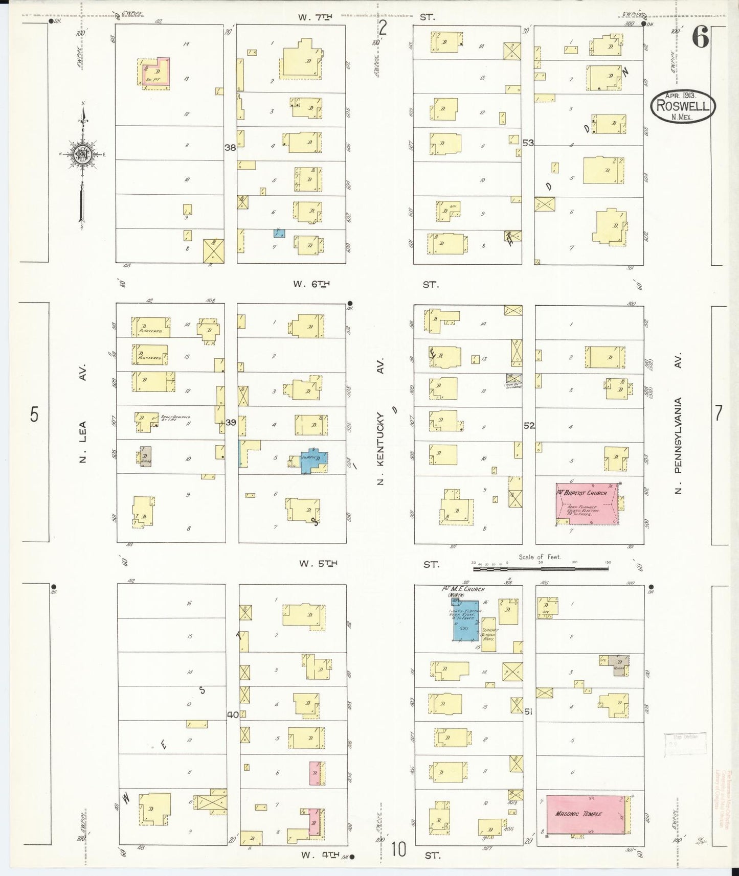 Sanborn Fire Insurance Map from Roswell, Chaves County, New Mexico (1913), Sheet #0006 - Historic Sanborn Fire Insurance Map Print, vintage old map wall art, antique decor, genealogy gift, New Mexico New Mexico map
