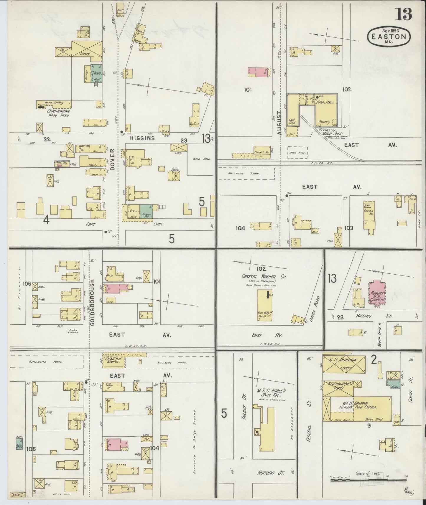 Sanborn Fire Insurance Map from Easton, Talbot County, Maryland (1896), Sheet #0013 - Historic Sanborn Fire Insurance Map Print, vintage old map wall art, antique decor, genealogy gift, Maryland Maryland map