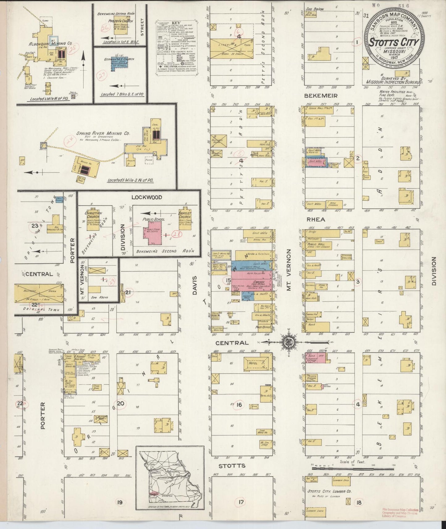 Sanborn Fire Insurance Map from Stotts City, Lawrence County, Missouri (1917), Sheet #0001 - Historic Sanborn Fire Insurance Map Print, vintage old map wall art, antique decor, genealogy gift, Missouri Missouri map