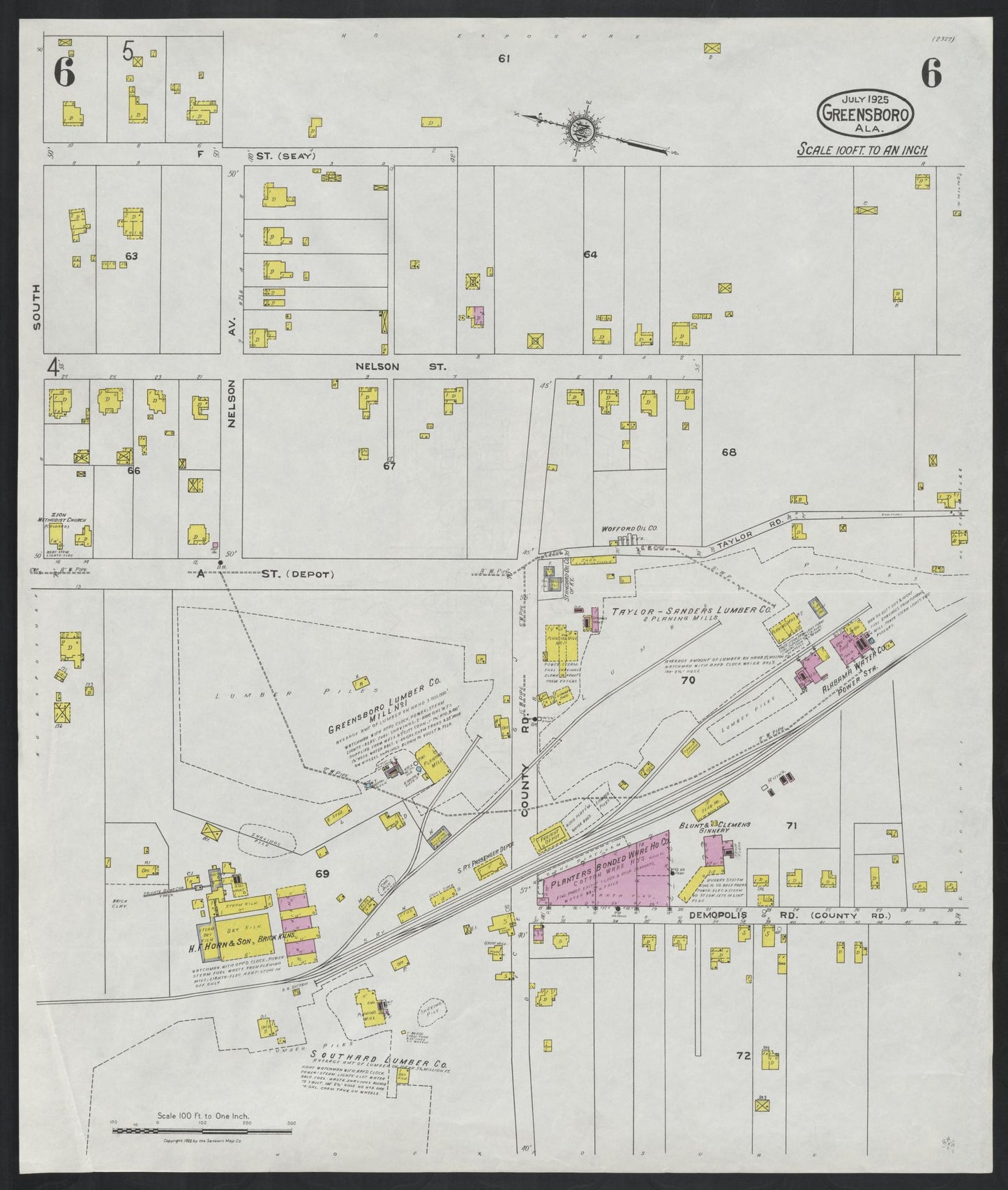 Sanborn Fire Insurance Map from Greensboro, Hale County, Alabama (1925), Sheet #0006 - Complete Map Set gallery image, historic Sanborn map, vintage wall art, Alabama Alabama