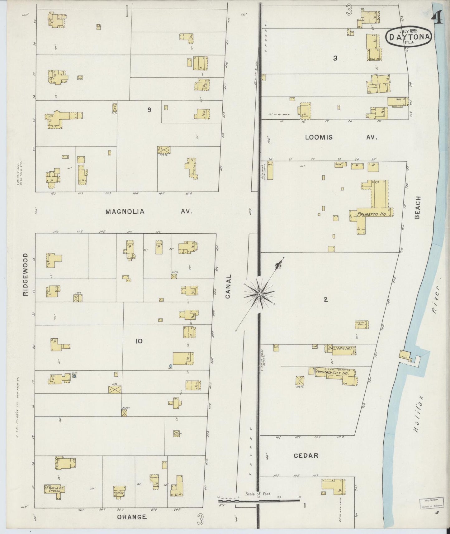Sanborn Fire Insurance Map from Daytona, Volusia County, Florida (1895), Sheet #0004 - Complete Map Set gallery image, historic Sanborn map, vintage wall art, Florida Florida