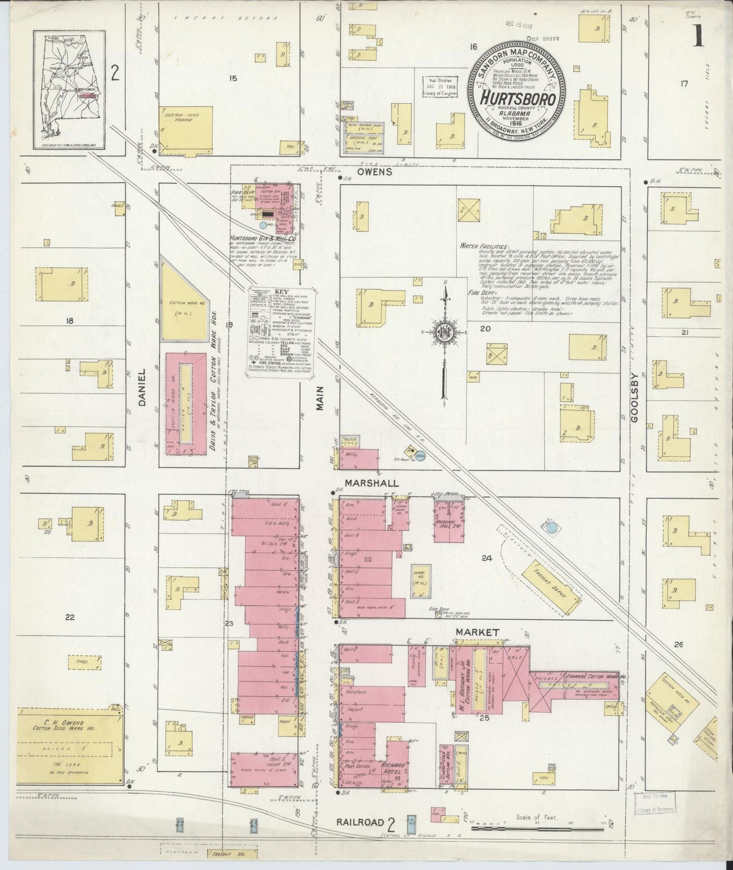 Sanborn Fire Insurance Map from Hurtsboro, Russell County, Alabama (1916), Sheet #0001 - Historic Sanborn Fire Insurance Map Print, vintage old map wall art, antique decor, genealogy gift, Alabama Alabama map
