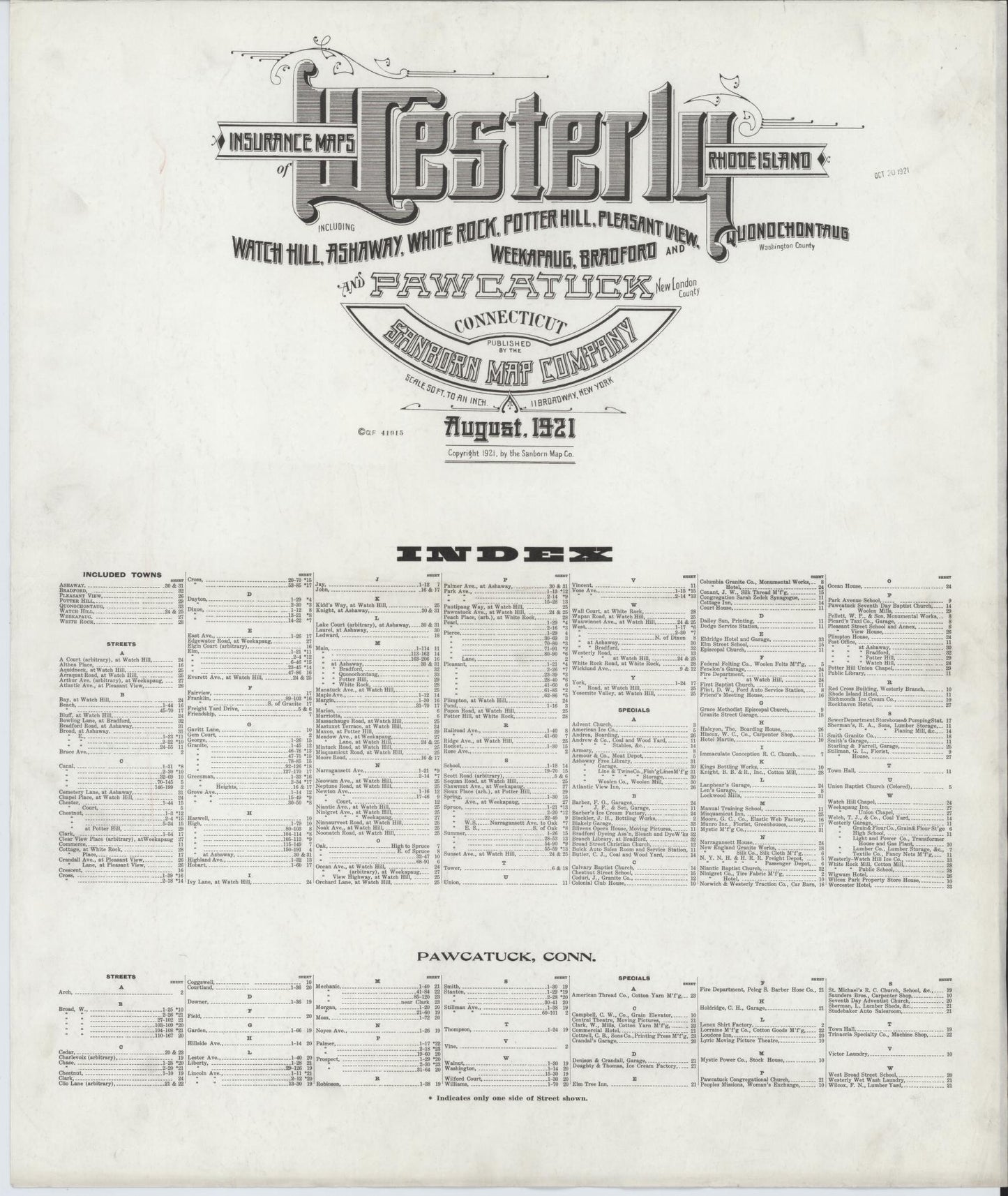 Sanborn Fire Insurance Map from Westerly, Washington County, Rhode Island. (1921) – Historic Sanborn Fire Insurance Map Print