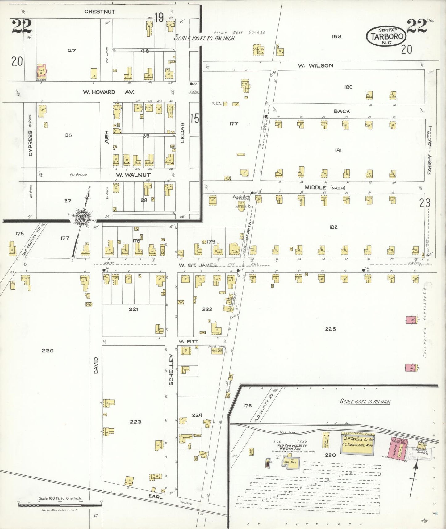 Sanborn Fire Insurance Map from Tarboro, Edgecombe County, North Carolina (1923), Sheet #0022 - Historic Sanborn Fire Insurance Map Print, vintage old map wall art, antique decor, genealogy gift, North Carolina North Carolina map