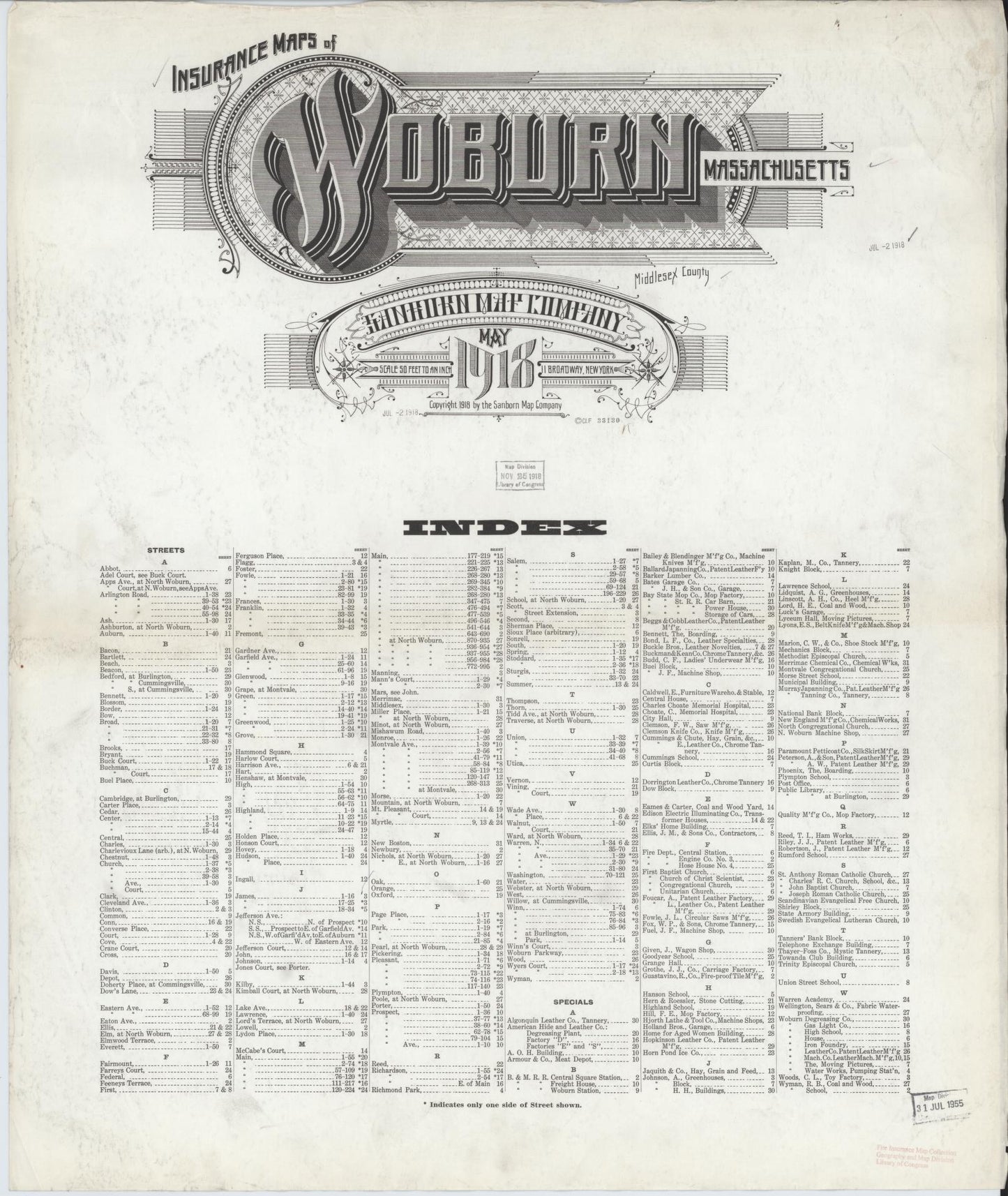 Sanborn Fire Insurance Map from Woburn, Middlesex County, Massachusetts (1918), Sheet #0001 - Historic Sanborn Fire Insurance Map Print, vintage old map wall art, antique decor, genealogy gift, Massachusetts Massachusetts map