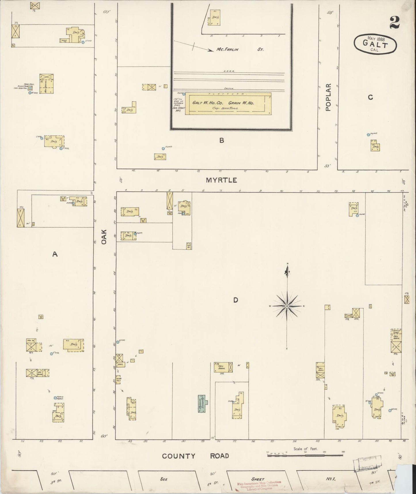 Sanborn Fire Insurance Map from Galt, Sacramento County, California (1888), Sheet #0002 - Historic Sanborn Fire Insurance Map Print, vintage old map wall art, antique decor, genealogy gift, California California map