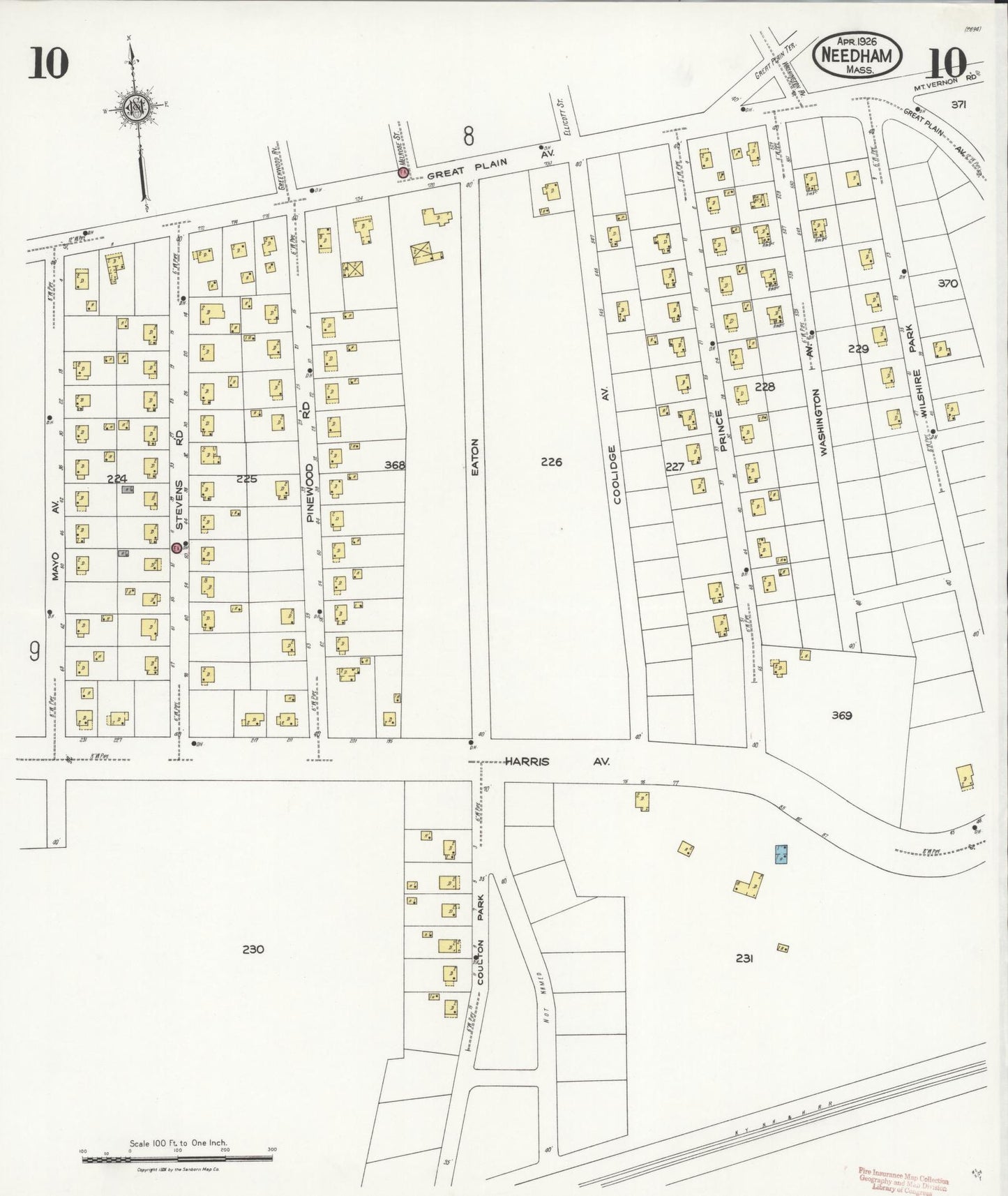 Sanborn Fire Insurance Map from Needham, Norfolk County, Massachusetts (1926), Sheet #0010 - Historic Sanborn Fire Insurance Map Print, vintage old map wall art, antique decor, genealogy gift, Massachusetts Massachusetts map