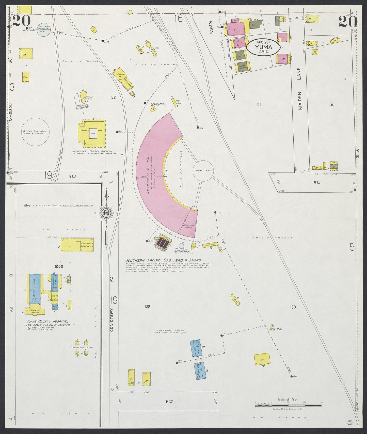 Sanborn Fire Insurance Map from Yuma, Yuma County, Arizona (1927), Sheet #0020 - Historic Sanborn Fire Insurance Map Print, vintage old map wall art, antique decor, genealogy gift, Arizona Arizona map