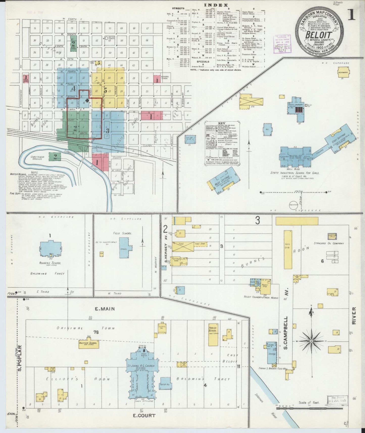 Sanborn Fire Insurance Map from Beloit, Mitchell County, Kansas (1905), Sheet #0001 - Historic Sanborn Fire Insurance Map Print, vintage old map wall art, antique decor, genealogy gift, Kansas Kansas map