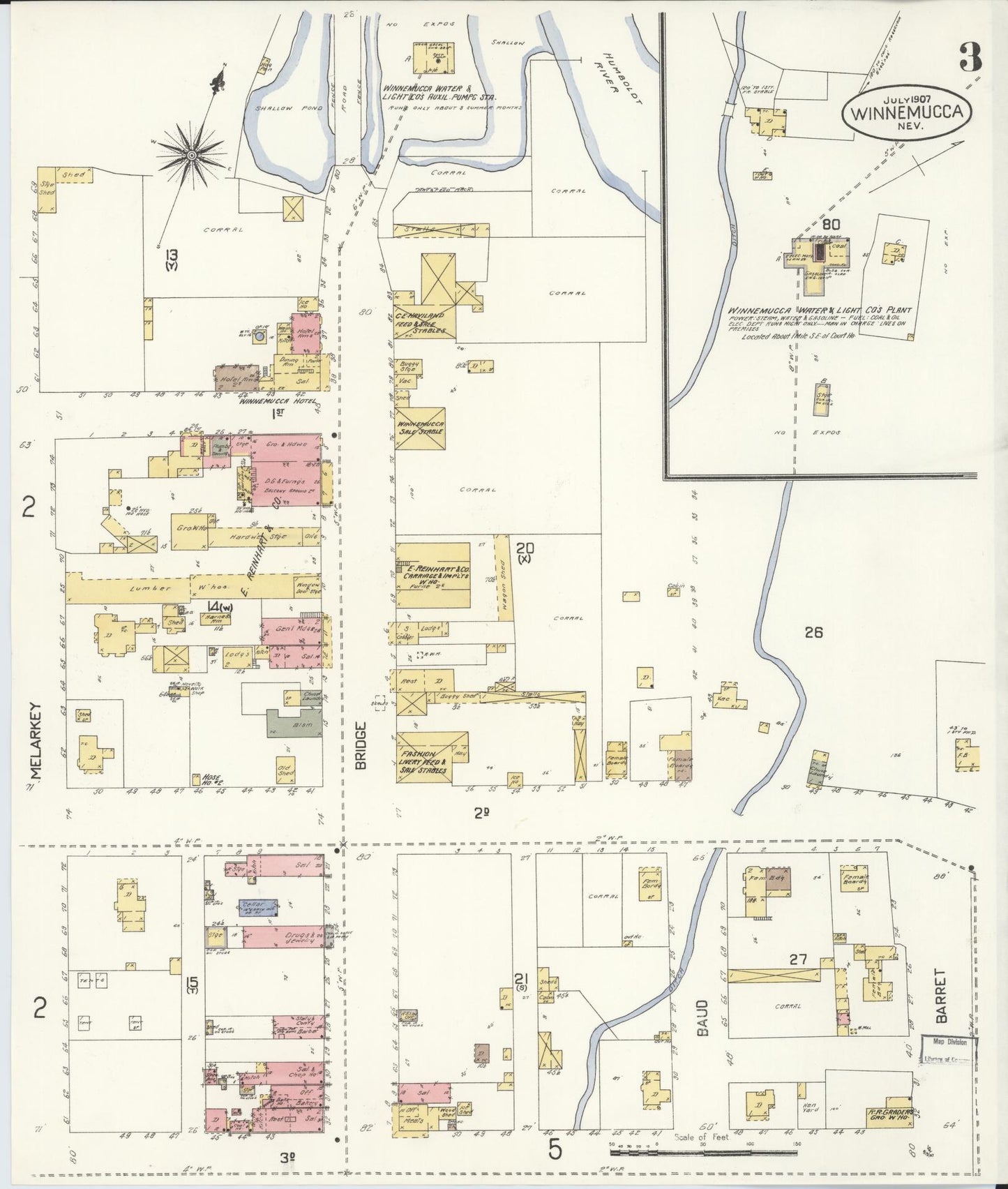 Sanborn Fire Insurance Map from Winnemucca, Humboldt County, Nevada (1907), Sheet #0003 - Historic Sanborn Fire Insurance Map Print, vintage old map wall art, antique decor, genealogy gift, Nevada Nevada map