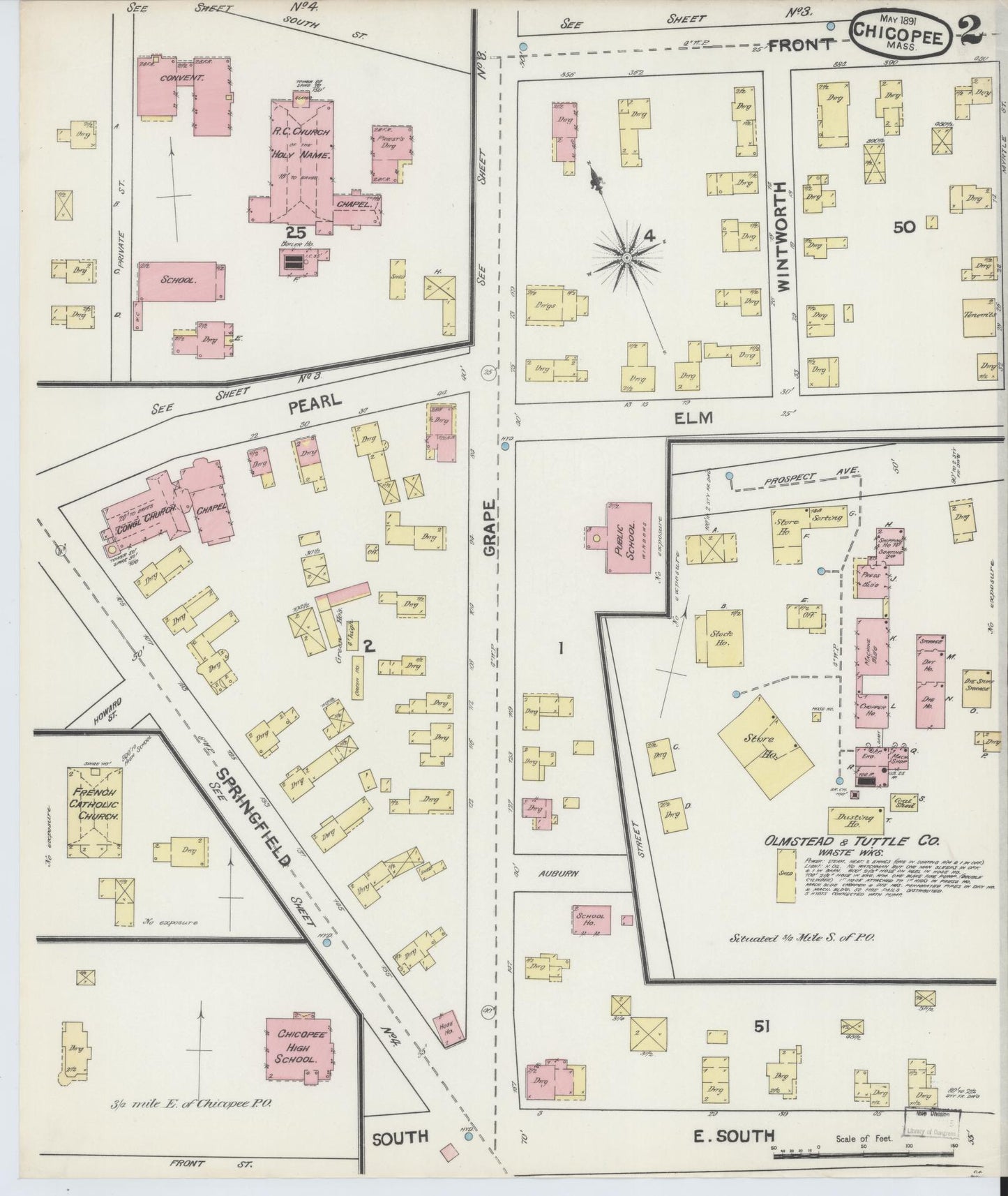 Sanborn Fire Insurance Map from Chicopee, Hampden County, Massachusetts (1891), Sheet #0002 - Historic Sanborn Fire Insurance Map Print, vintage old map wall art, antique decor, genealogy gift, Massachusetts Massachusetts map