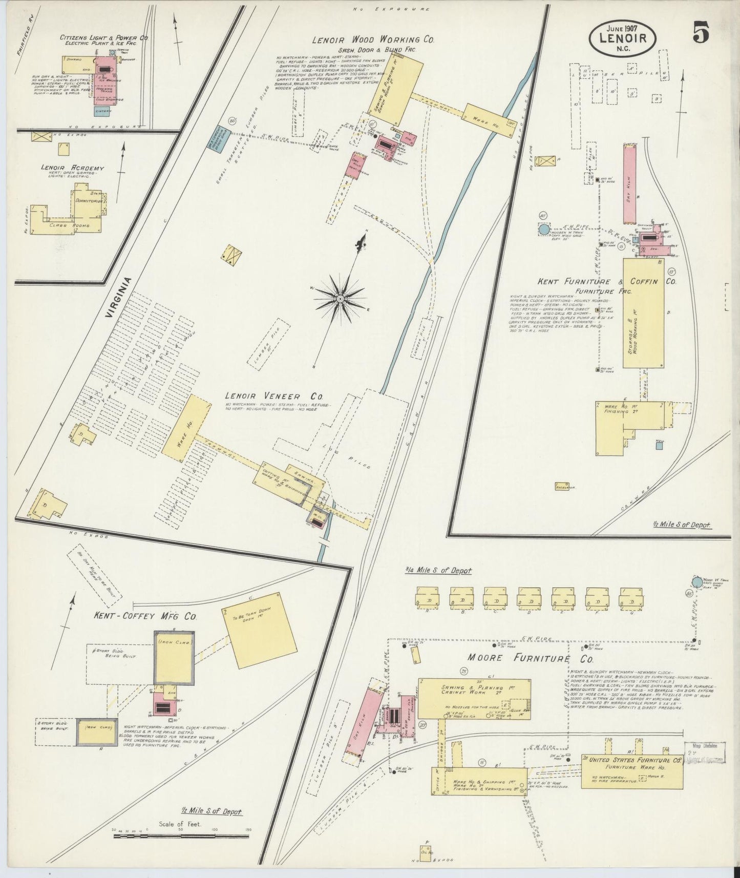 Sanborn Fire Insurance Map from Lenoir, Caldwell County, North Carolina (1907), Sheet #0005 - Complete Map Set gallery image, historic Sanborn map, vintage wall art, North Carolina North Carolina