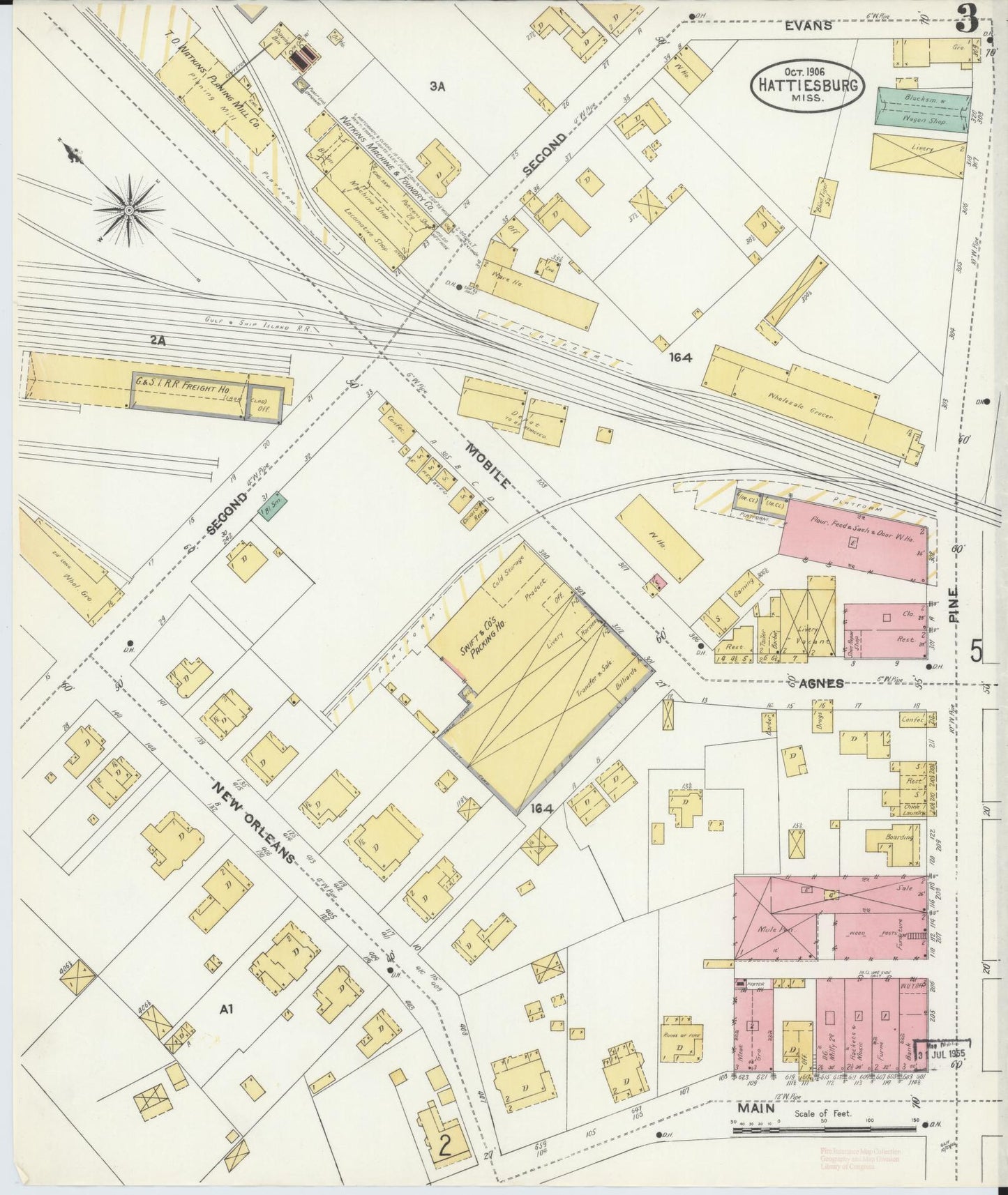 Sanborn Fire Insurance Map from Hattiesburg, Forrest County, Mississippi (1906), Sheet #0003 - Historic Sanborn Fire Insurance Map Print, vintage old map wall art, antique decor, genealogy gift, Mississippi Mississippi map