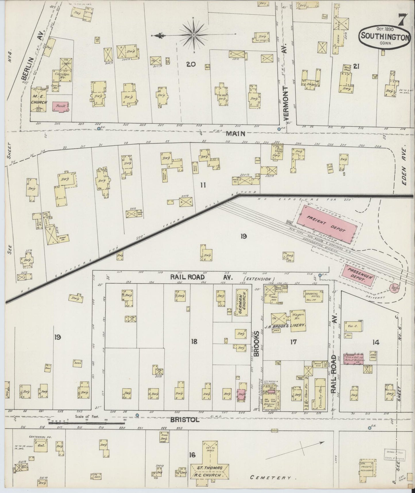 Sanborn Fire Insurance Map from Southington, Hartford County, Connecticut (1890), Sheet #0007 - Historic Sanborn Fire Insurance Map Print, vintage old map wall art, antique decor, genealogy gift, Connecticut Connecticut map