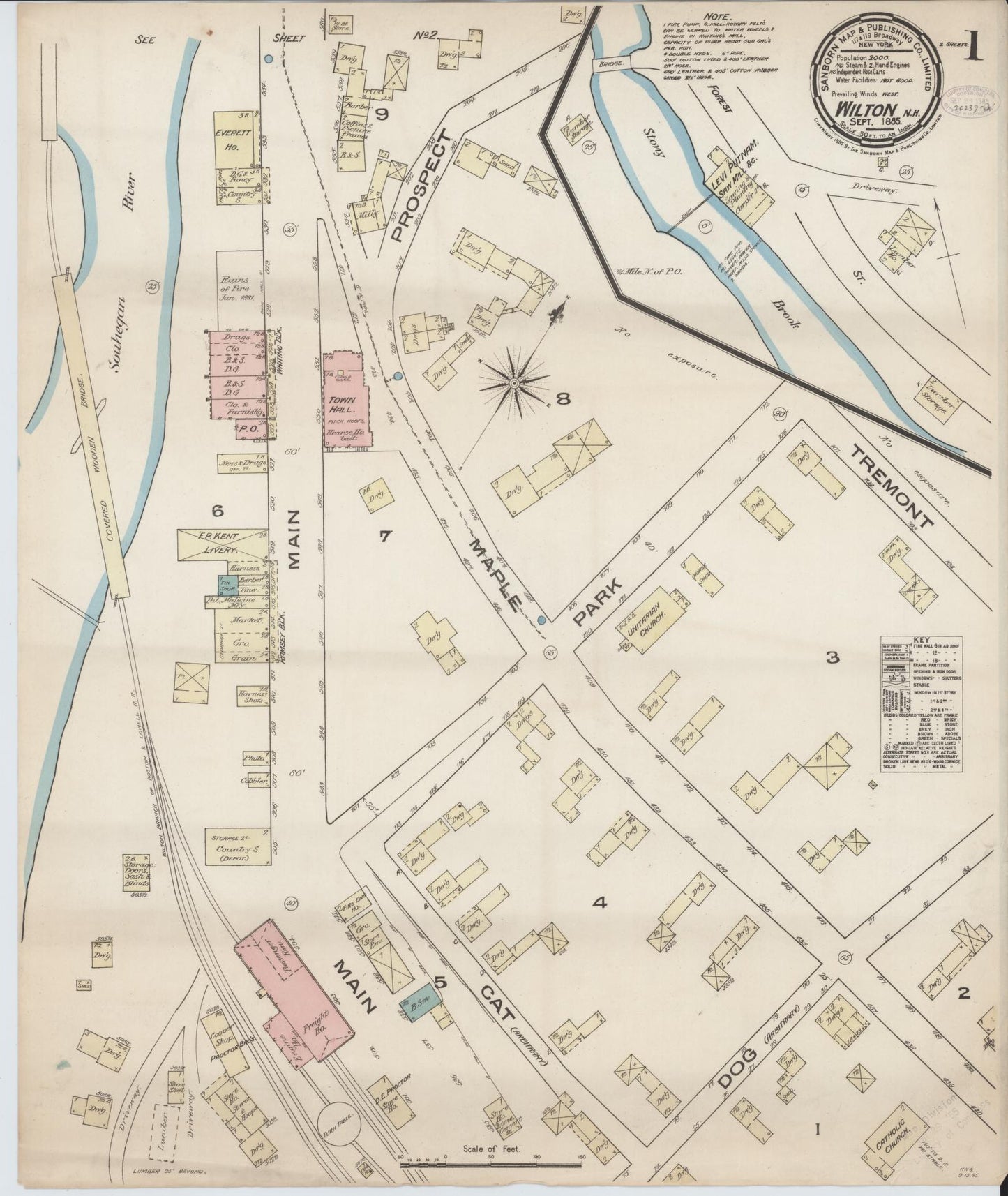 Sanborn Fire Insurance Map from Wilton, Hillsborough County, New Hampshire (1885), Sheet #0001 - Historic Sanborn Fire Insurance Map Print, vintage old map wall art, antique decor, genealogy gift, New Hampshire New Hampshire map