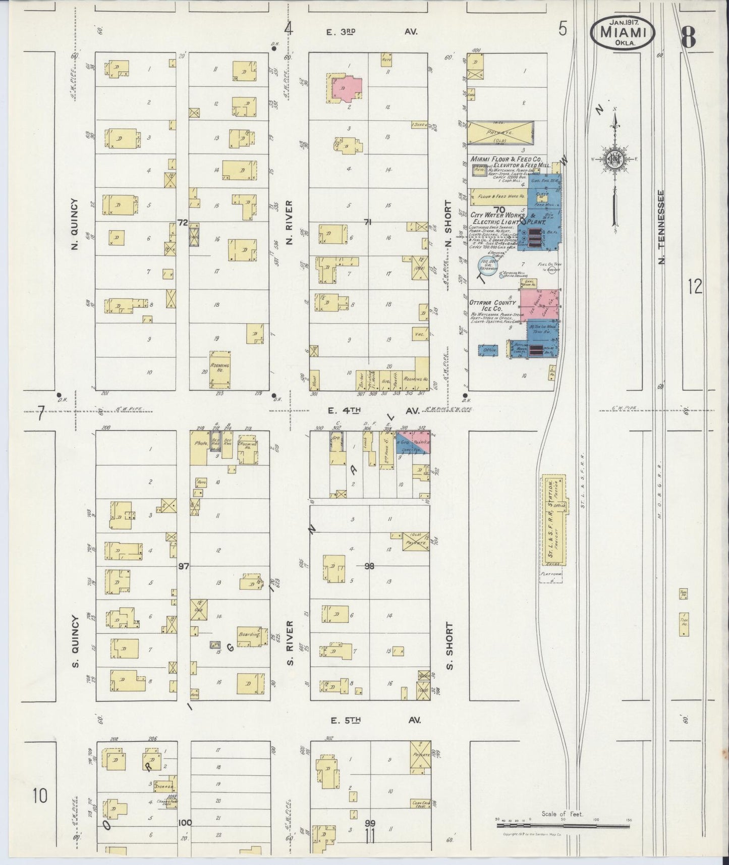 Sanborn Fire Insurance Map from Miami, Ottawa County, Oklahoma (1917), Sheet #0008 - Historic Sanborn Fire Insurance Map Print, vintage old map wall art, antique decor, genealogy gift, Oklahoma Oklahoma map