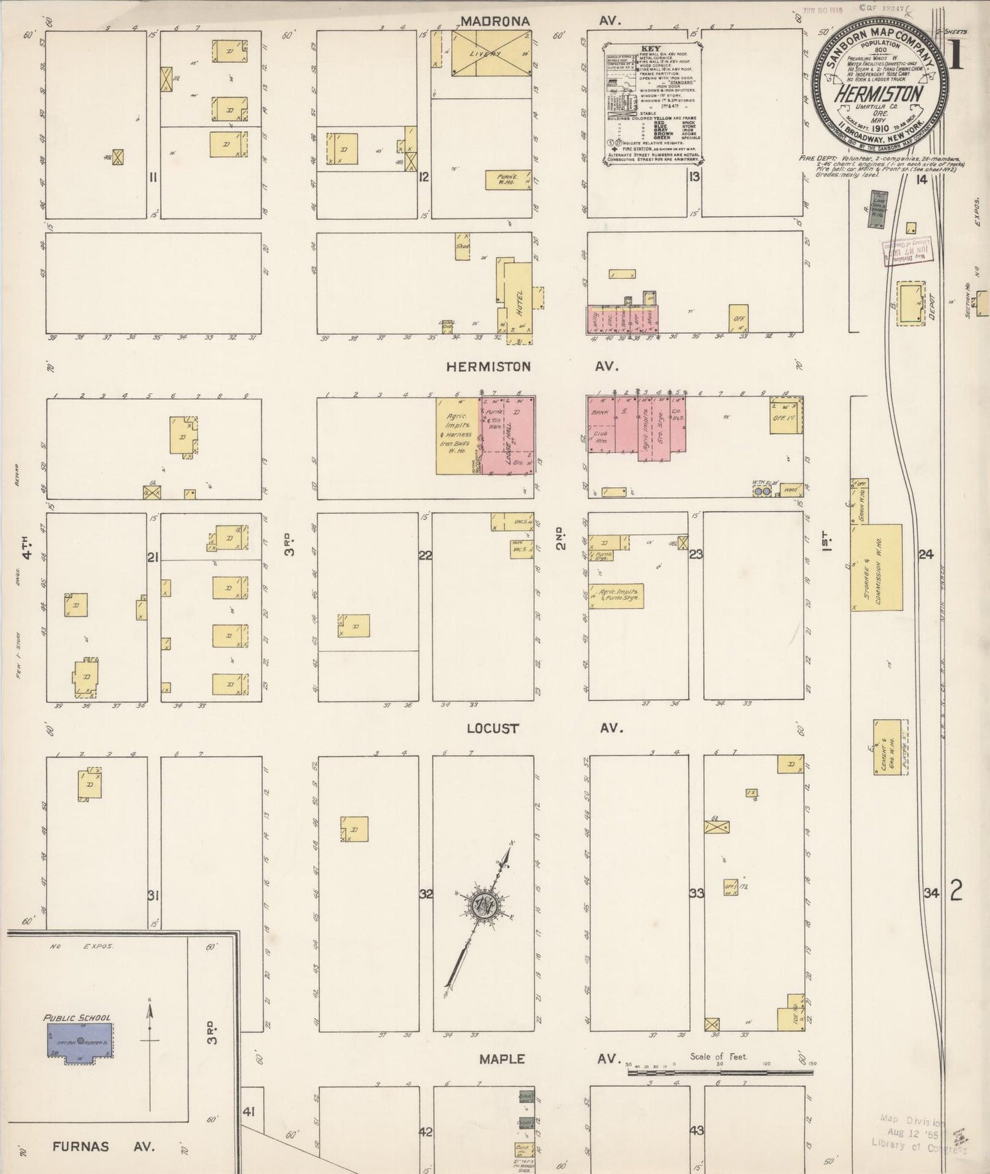 Sanborn Fire Insurance Map from Hermiston, Umatilla County, Oregon (1910), Sheet #0001 - Historic Sanborn Fire Insurance Map Print, vintage old map wall art, antique decor, genealogy gift, Oregon Oregon map