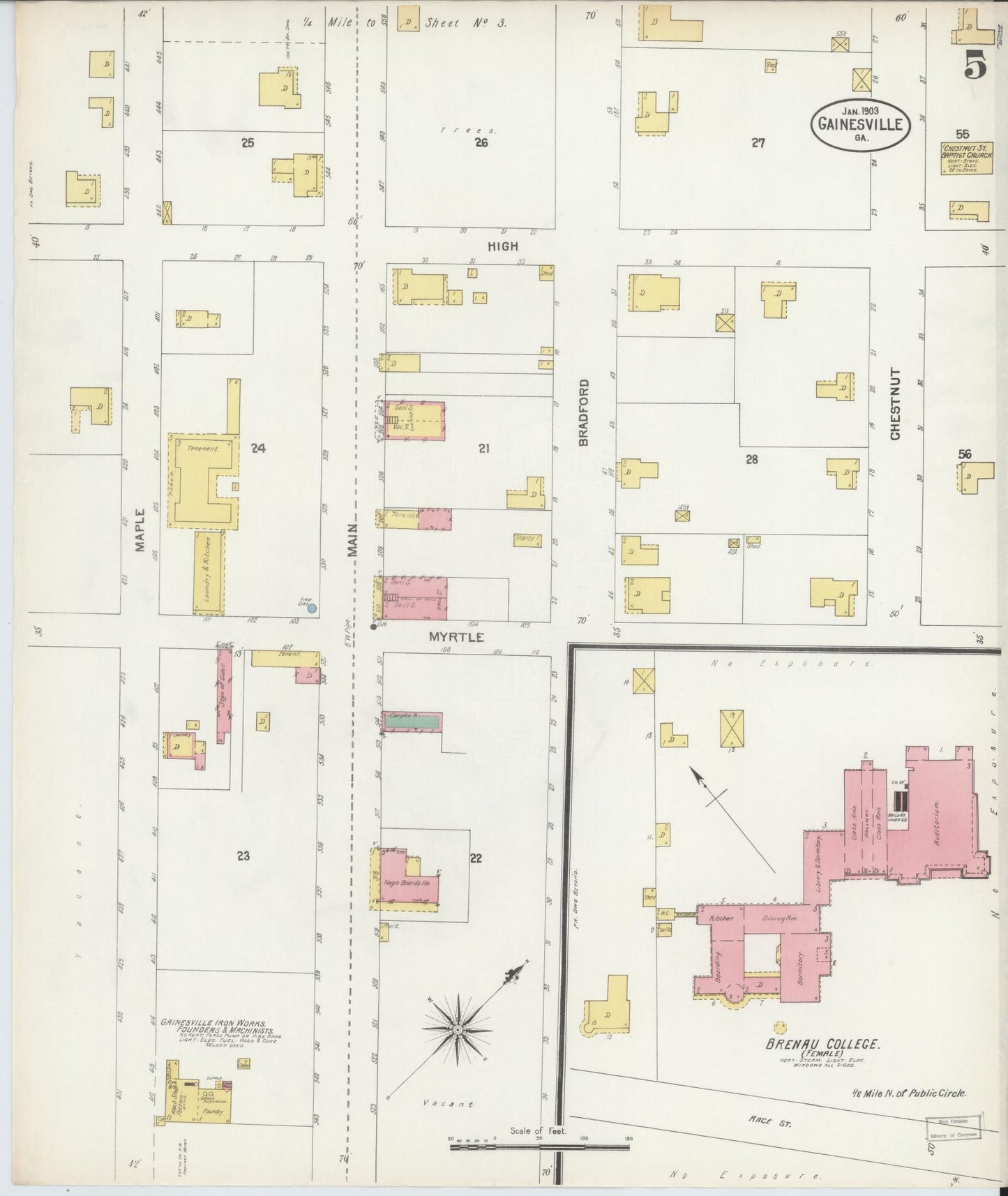 Sanborn Fire Insurance Map from Gainesville, Hall County, Georgia (1903), Sheet #0005 - Historic Sanborn Fire Insurance Map Print, vintage old map wall art, antique decor, genealogy gift, Georgia Georgia map