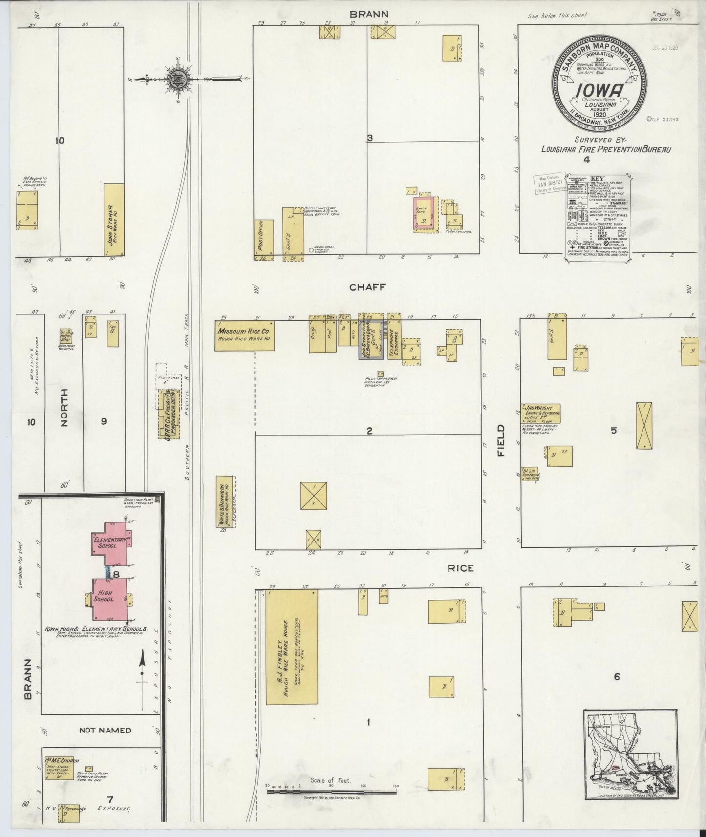 Sanborn Fire Insurance Map from Iowa, Calcasieu Parish, Louisiana (1920), Sheet #0001 - Historic Sanborn Fire Insurance Map Print, vintage old map wall art, antique decor, genealogy gift, Louisiana Louisiana map