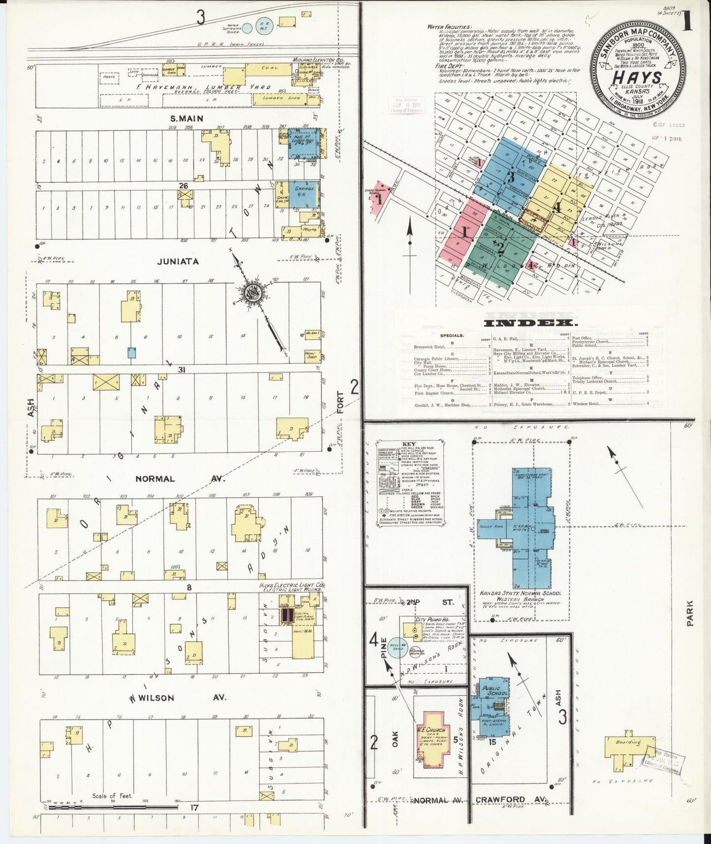 Sanborn Fire Insurance Map from Hays, Ellis County, Kansas (1911), Sheet #0001 - Historic Sanborn Fire Insurance Map Print, vintage old map wall art, antique decor, genealogy gift, Kansas Kansas map